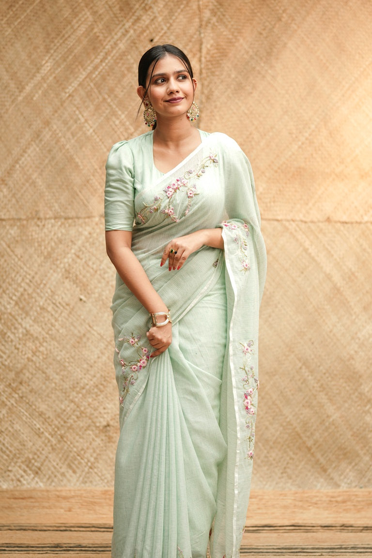 Mint Green Colour Net Cotta Designer Saree