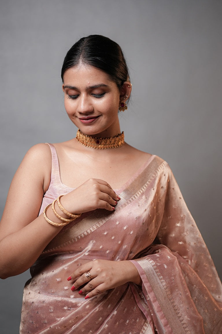 Onion Pink Colour Semi Tissue Organza Saree