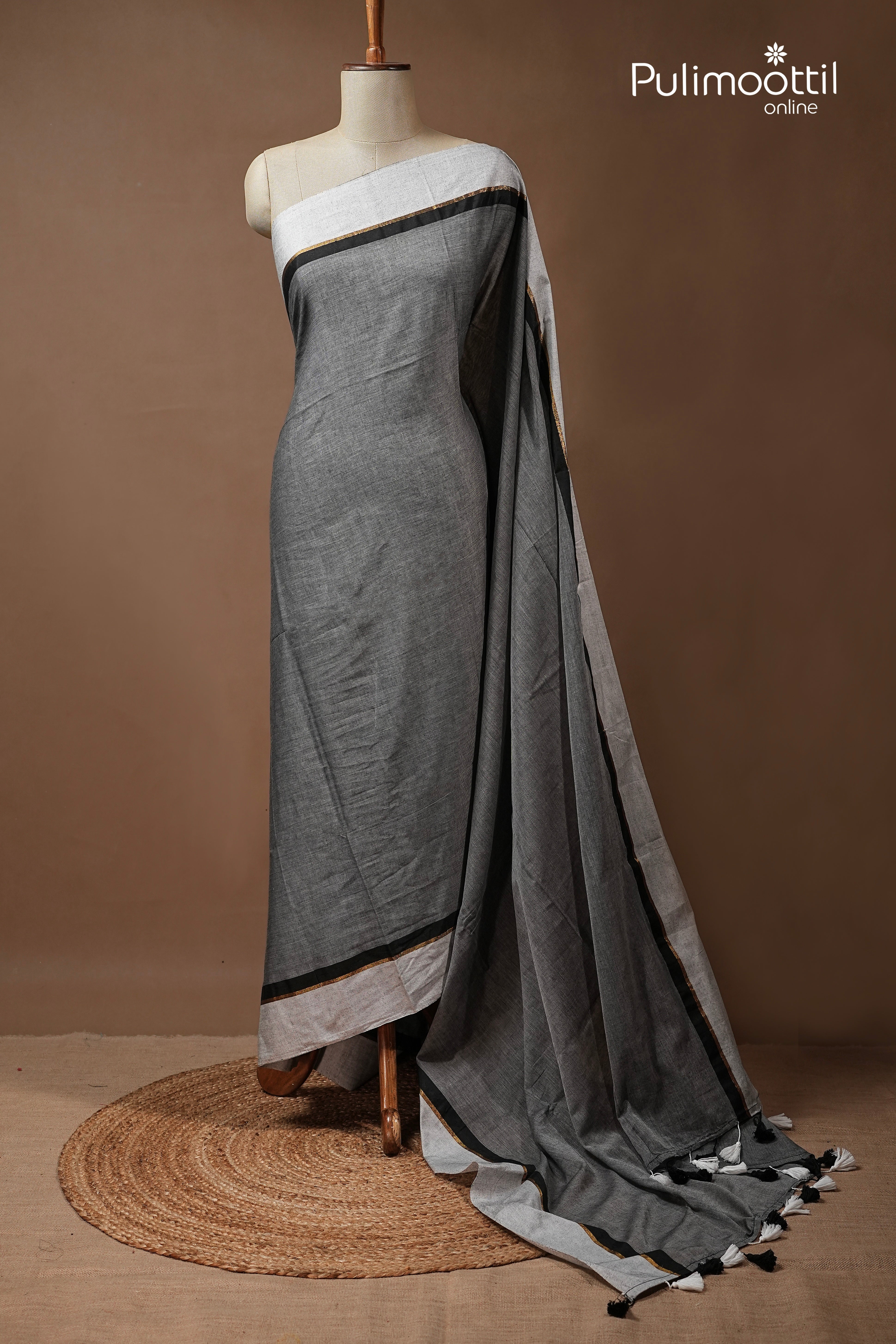 Dark Ash Colour Mul Cotton Saree