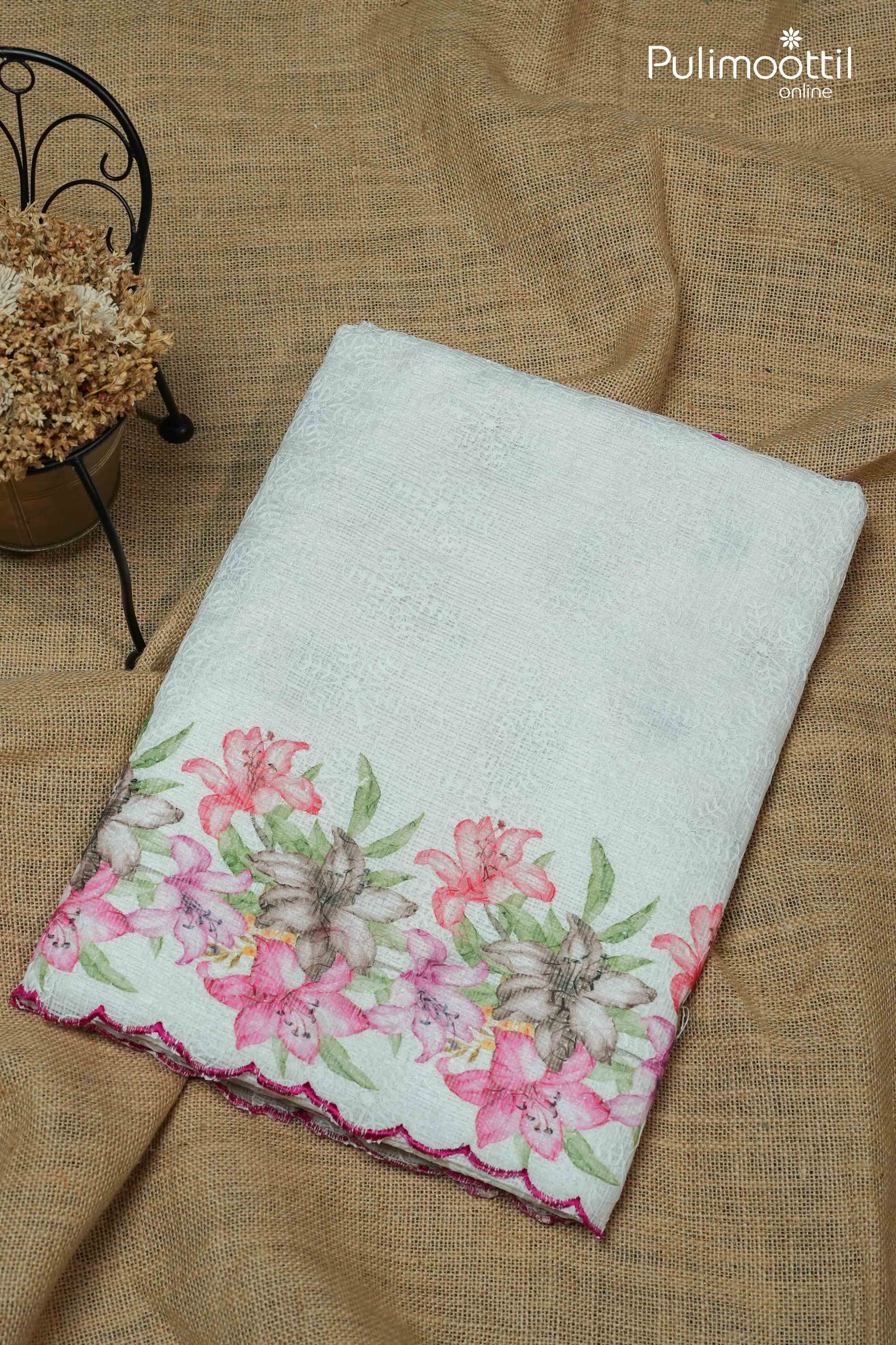 White Colour Net Cotta Saree.