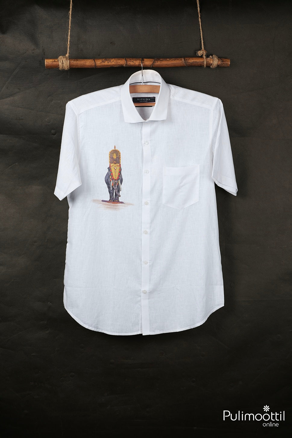 White Color Half Sleeve Mens Shirt With Traditional Kerala Temple Elephant Motif