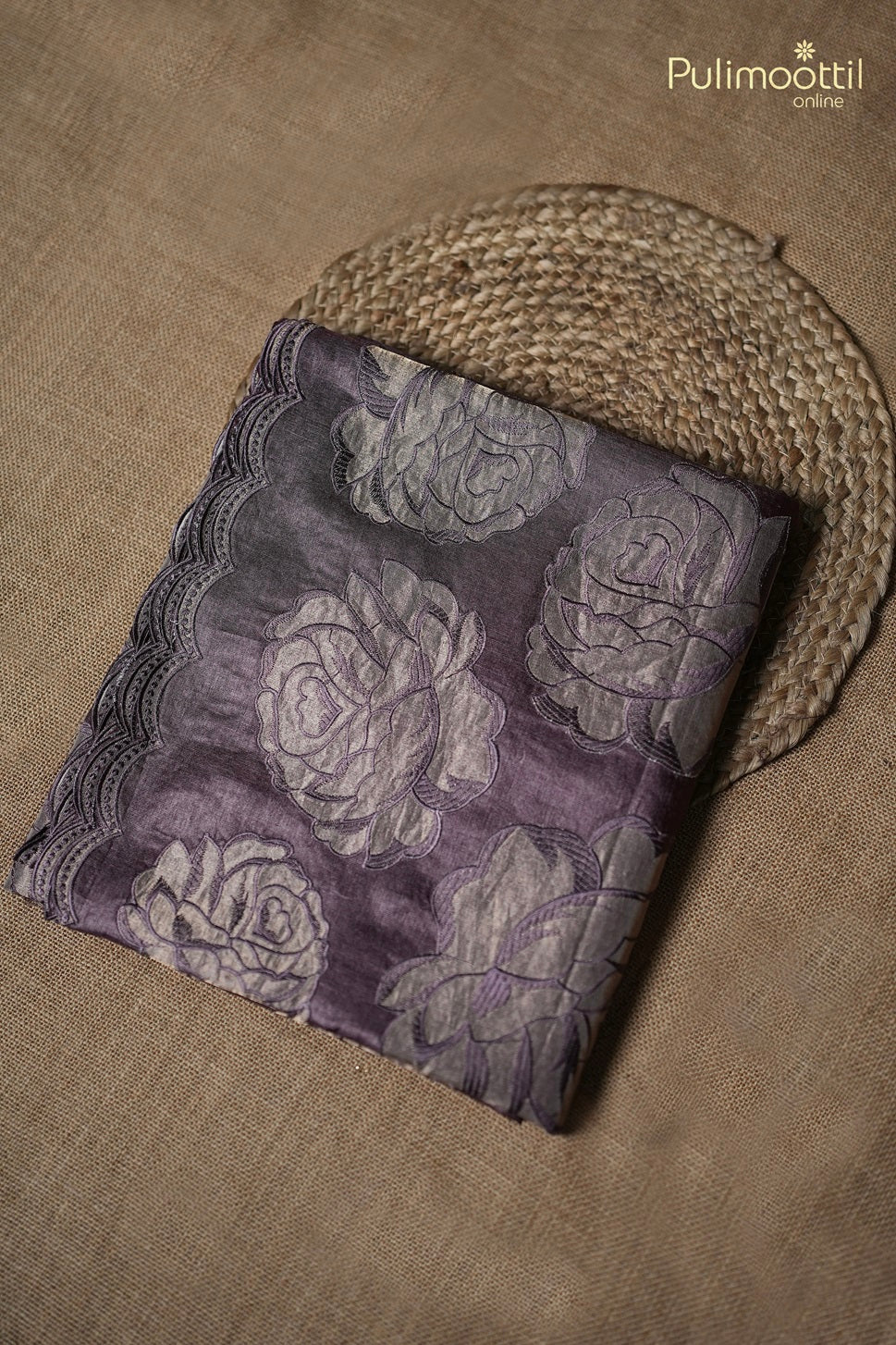 Mauve Purple Floral Applique Work Tussar Silk Saree