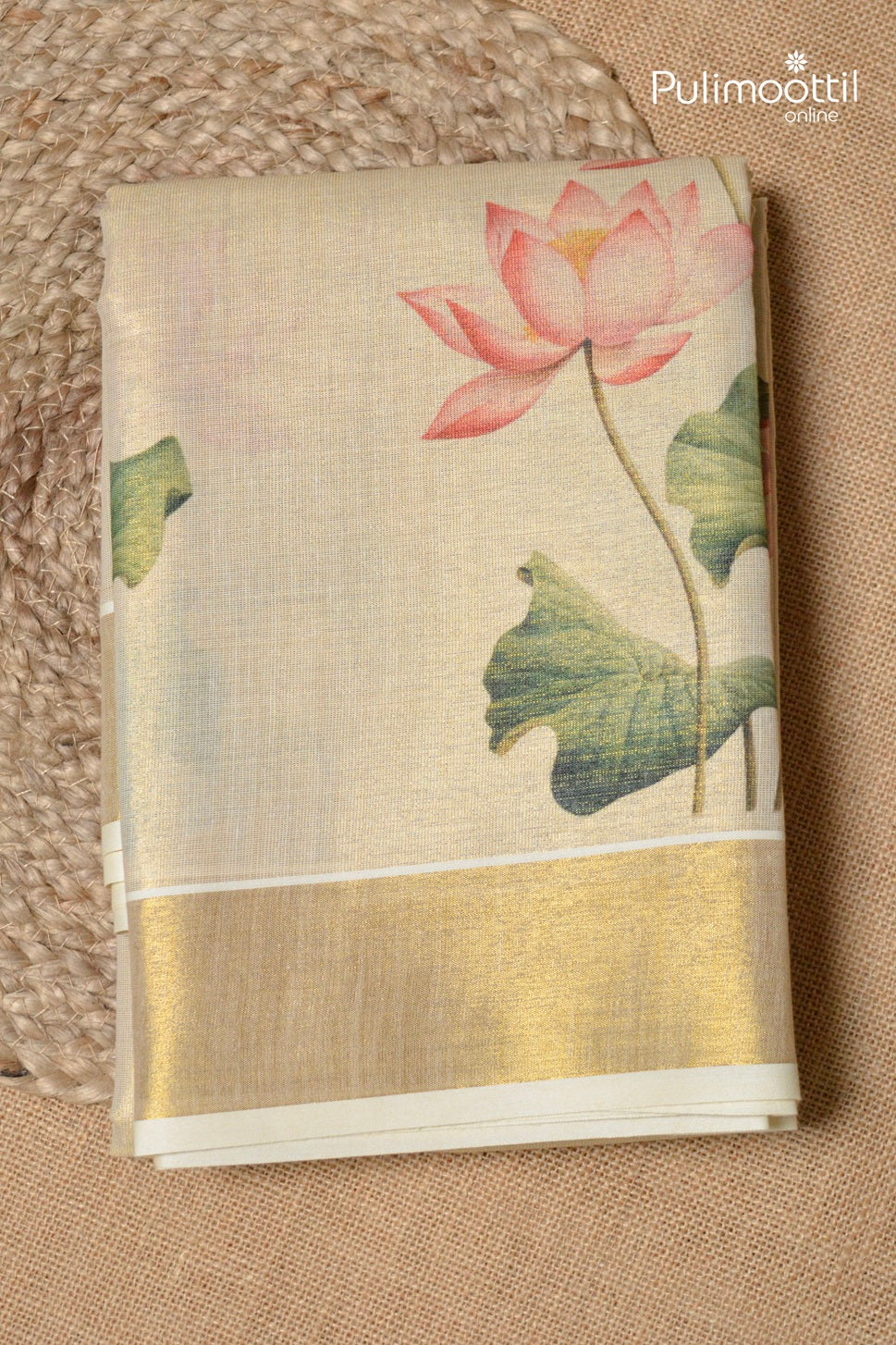 Kerala Traditional Golden Tissue Lotus Printed Set Saree