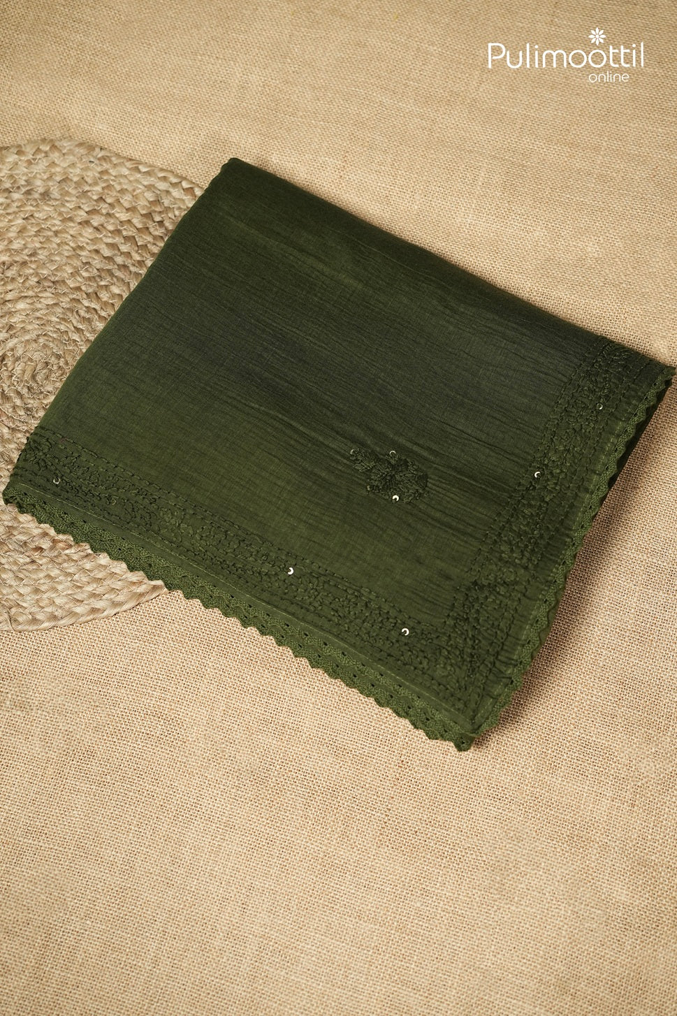 Dark Olive Green Colour Chanderi Chikankari Saree