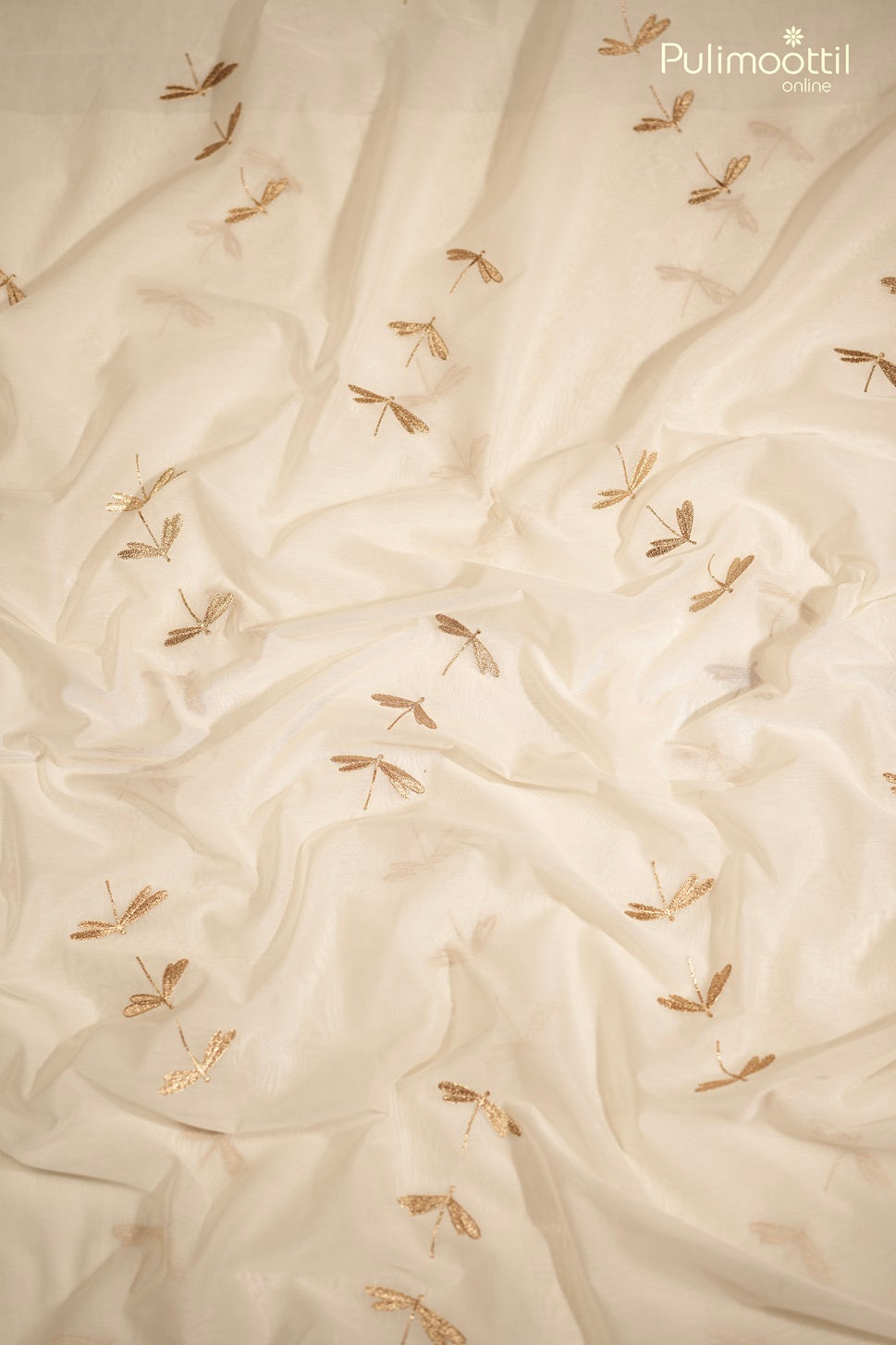 Off-White Semi Chanderi Fabric With Golden Dragonfly Embroidery