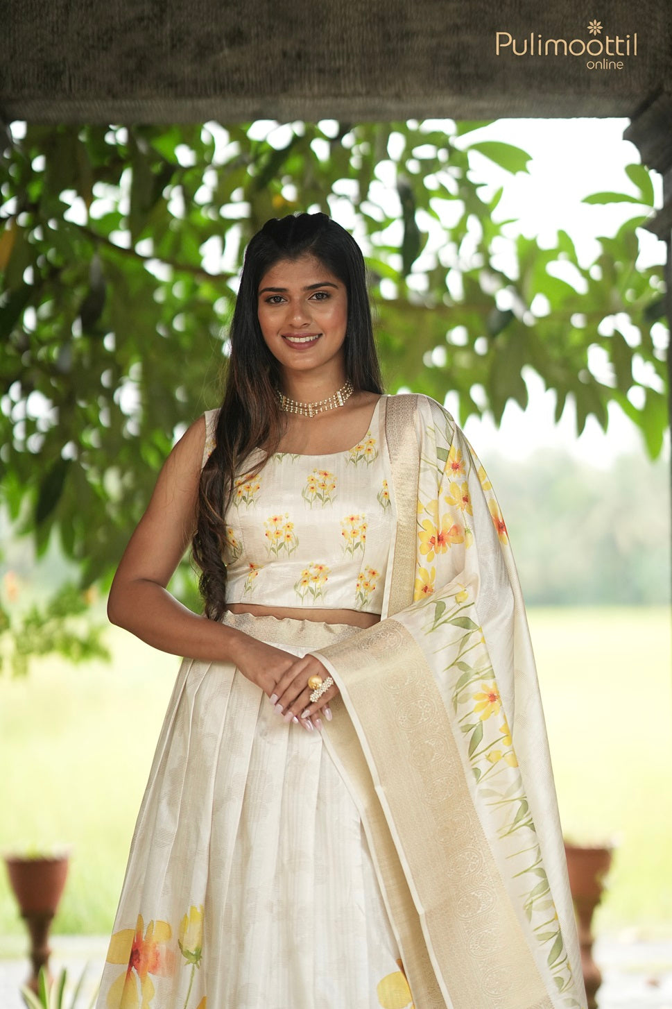 Onam Special Kerala Traditional Bright Cream Chanderi Silk Dhavani Set