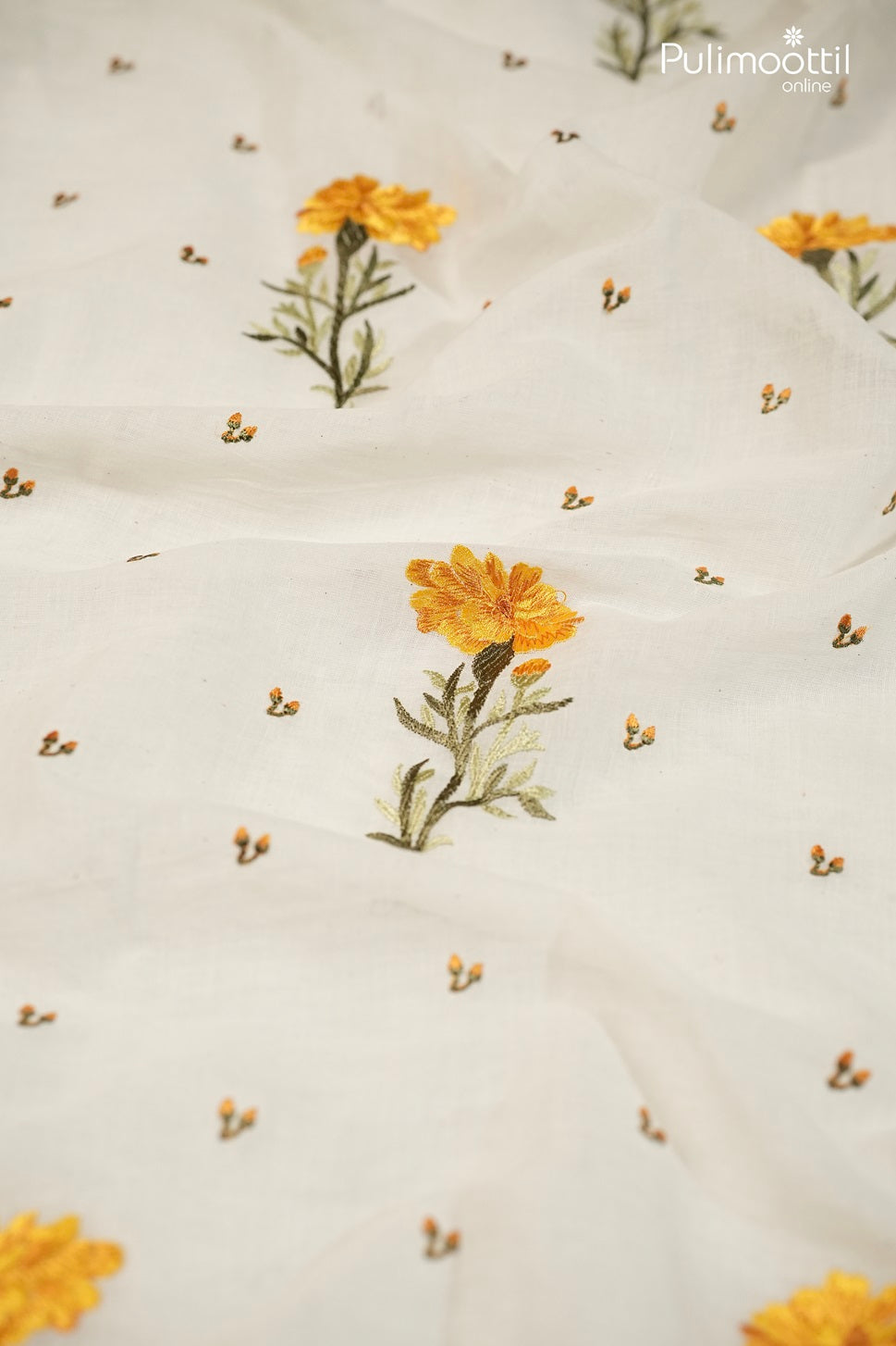 Off-White Soft Cotton Fabric with Yellow Floral Design