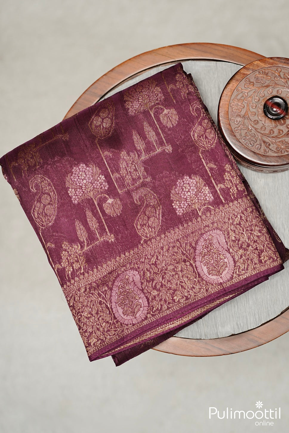 Wine Shade Jute Silk Banarasi Saree.