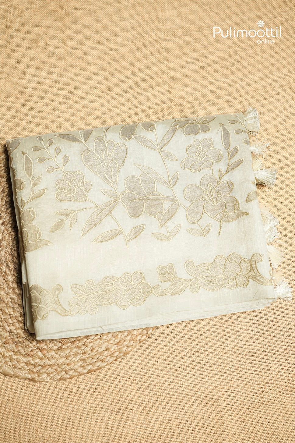 Offwhite Colour Semi Jute Applique Work Saree