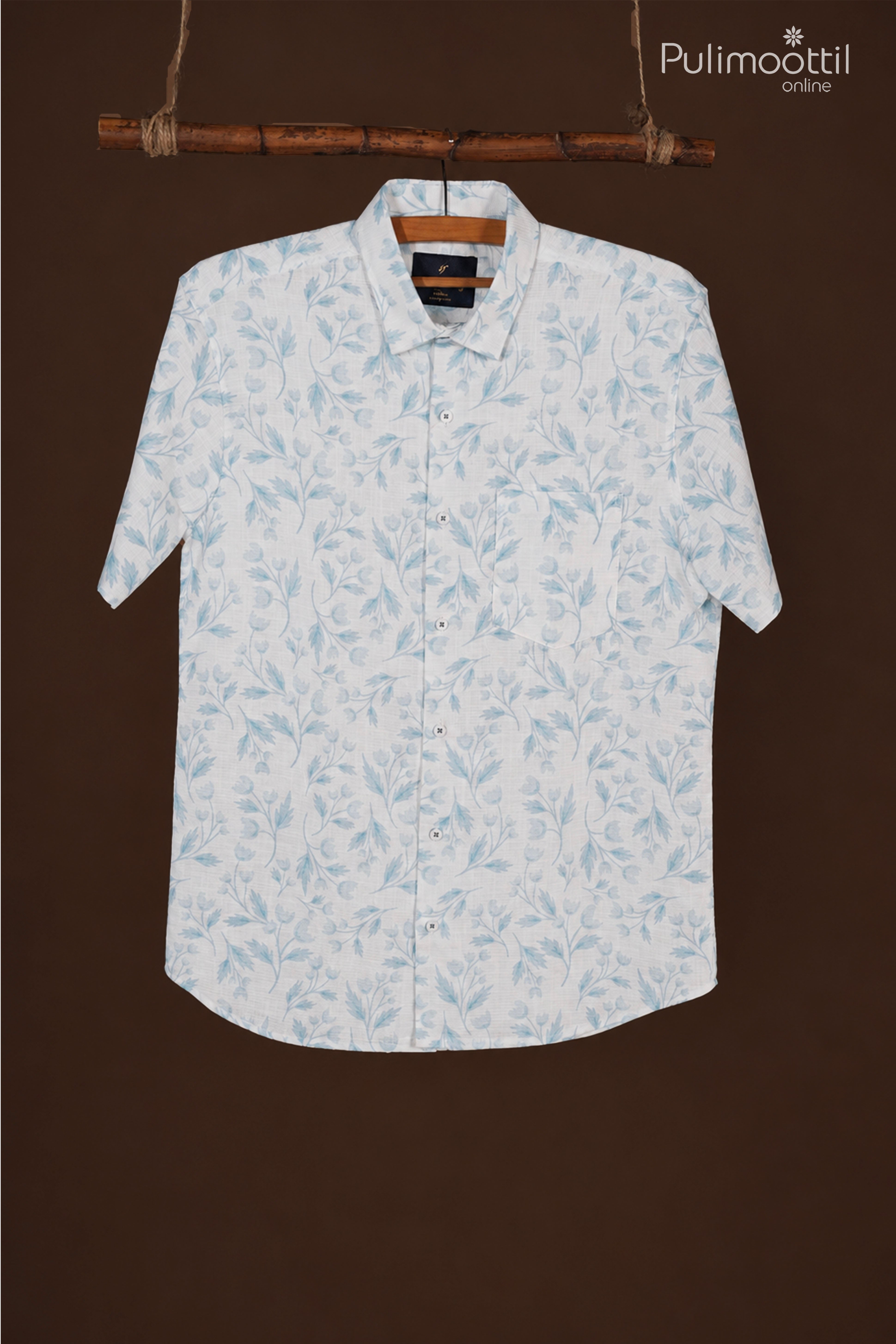 White Color Half Sleeve Mens Shirt With Floral Vine Print