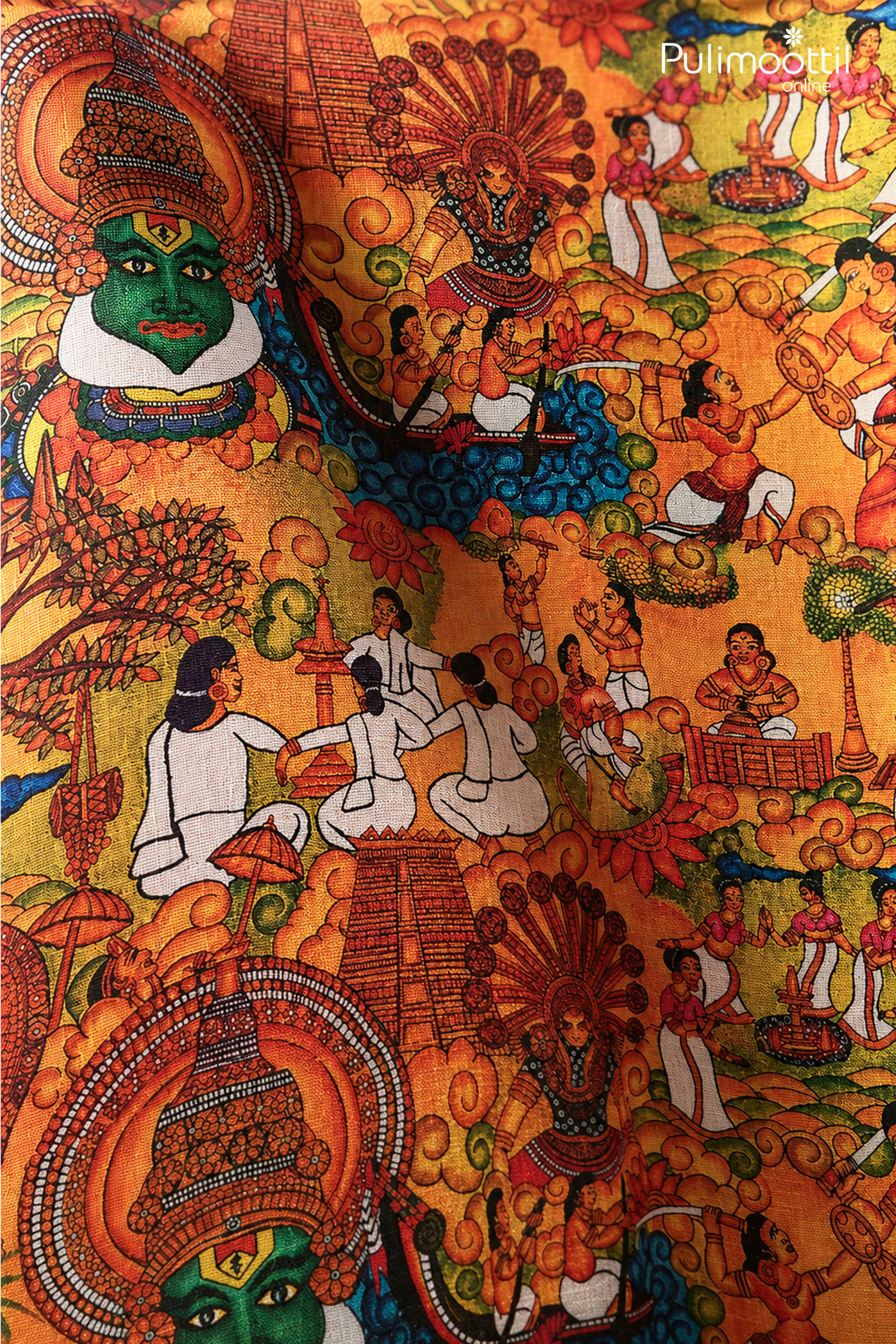 Orange Half Sleeve Mens Shirt With Vibrant Kerala Heritage Narrative Print