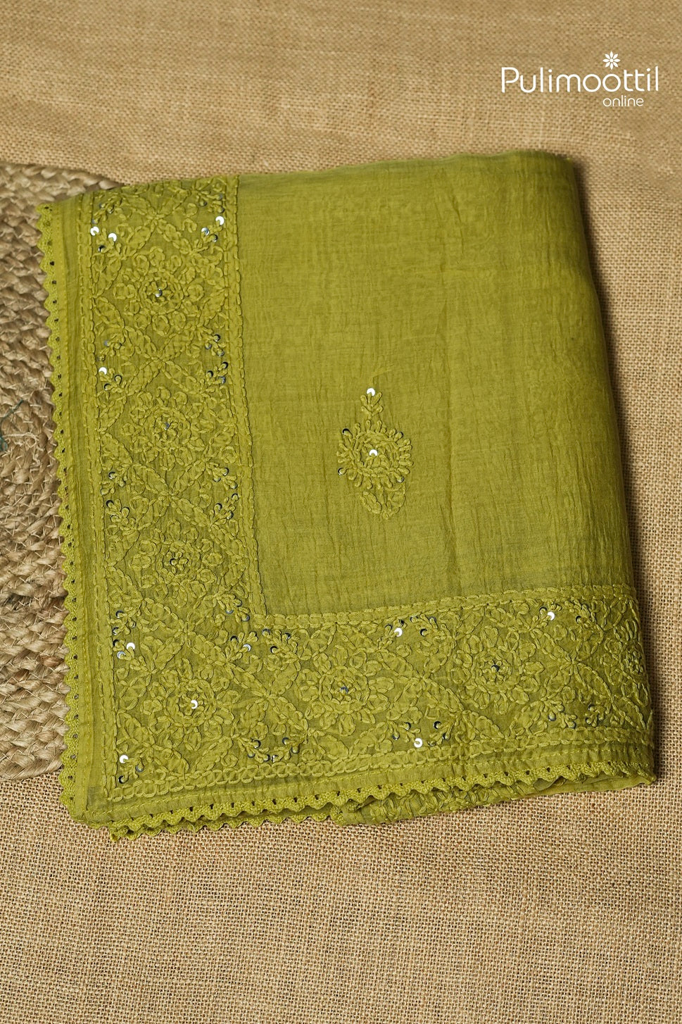 Olive Yellow Colour Chanderi Chikankari Saree