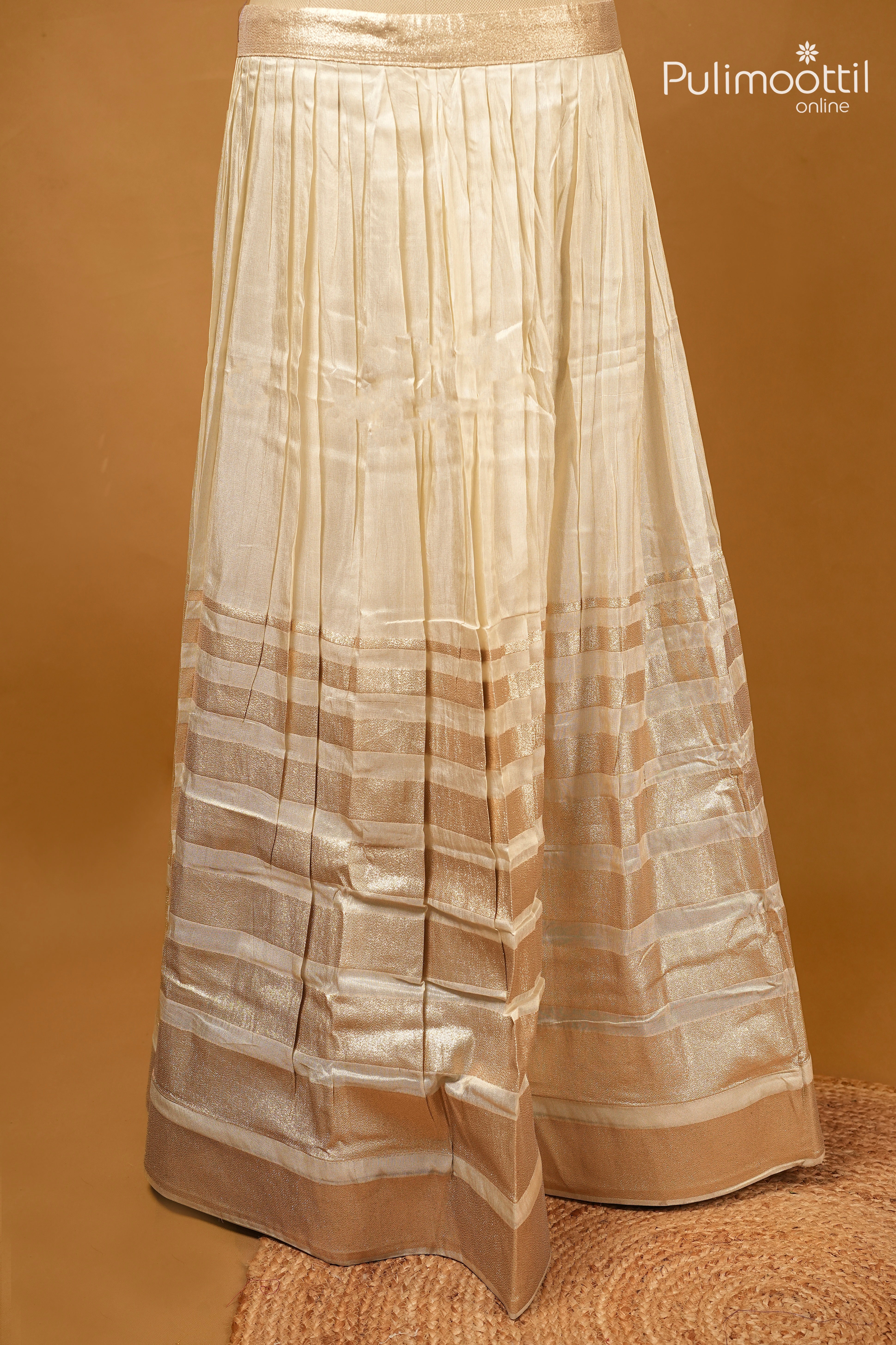 Ready-to-Stitch Offwhite Colour Golden Tissue Dhavani Set