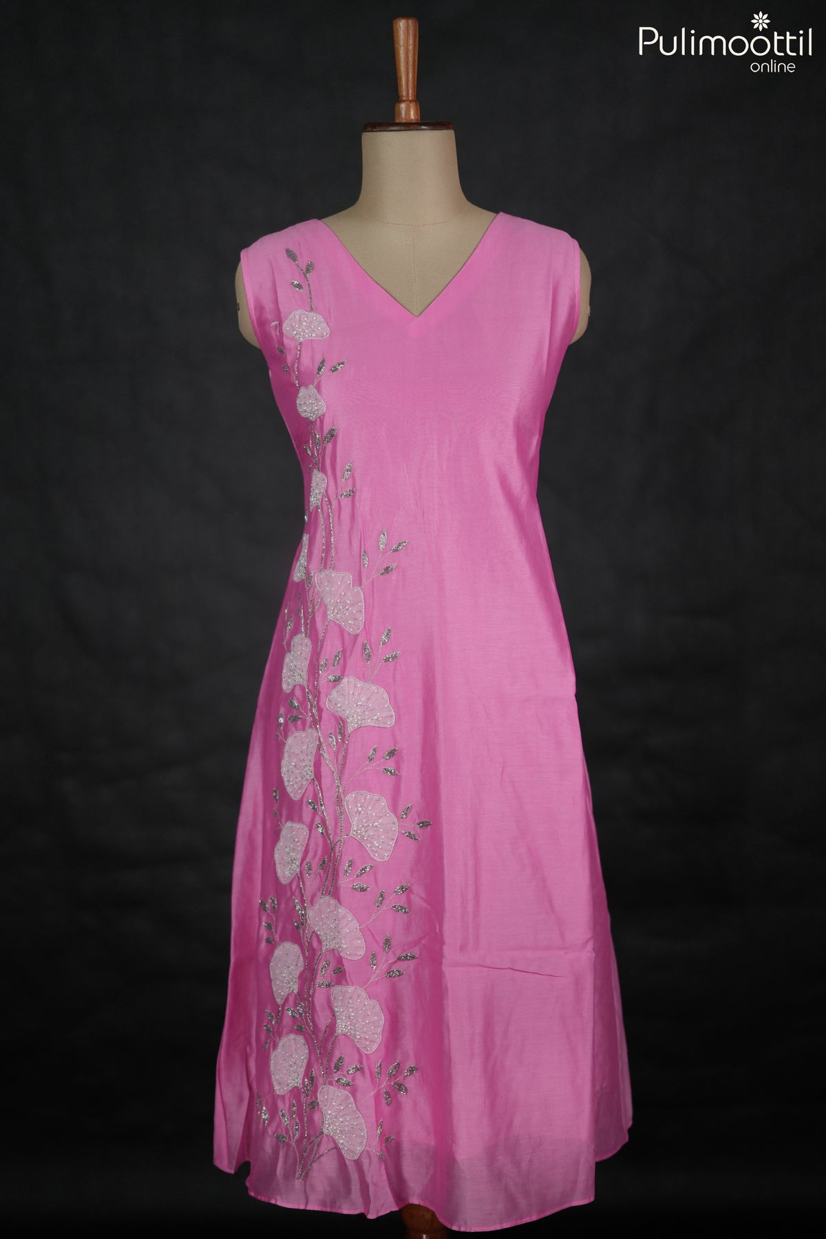 Baby pink Chanderi A-line kurti.