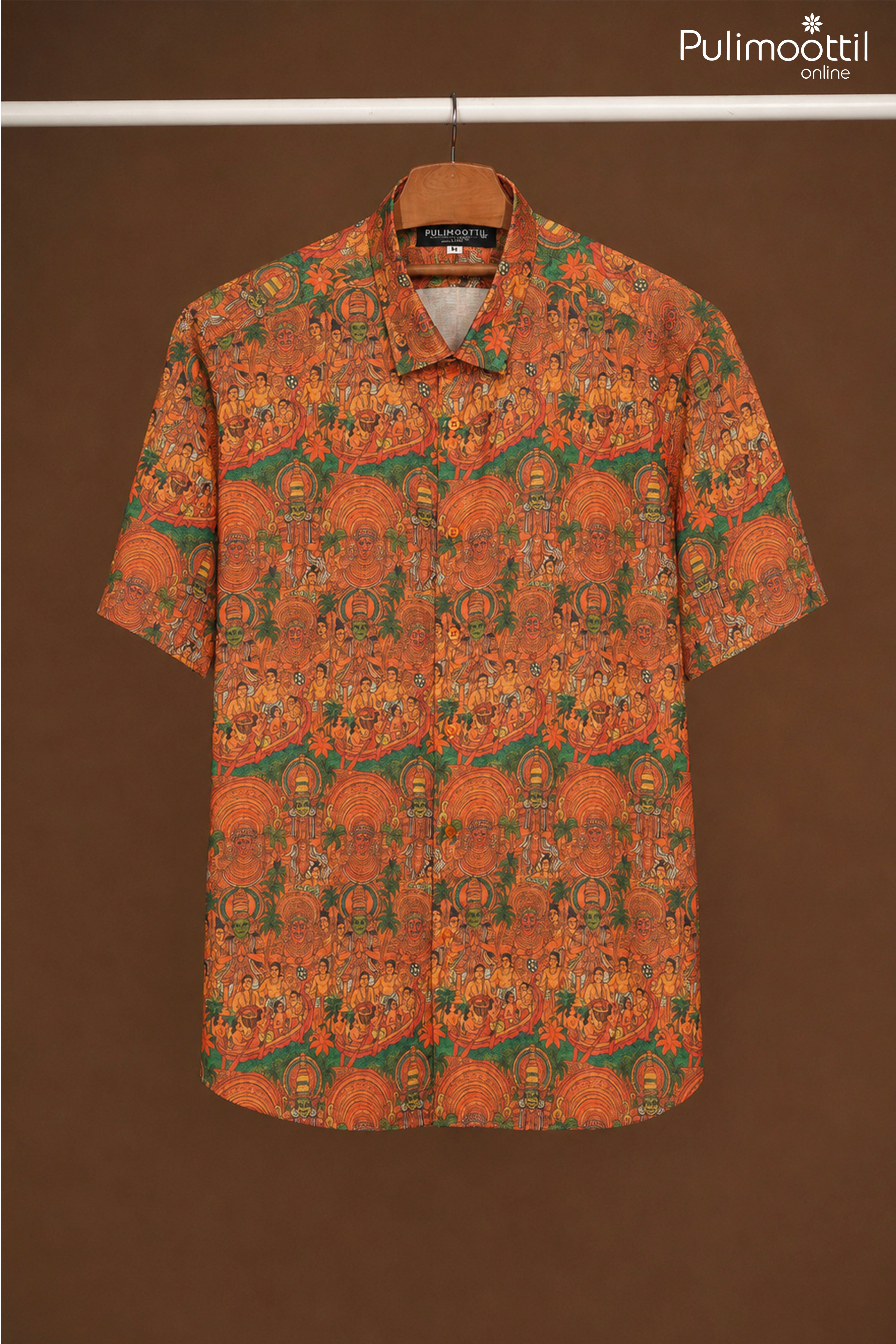 Orange Half Sleeve Mens Shirt With Kerala Mural Art Print