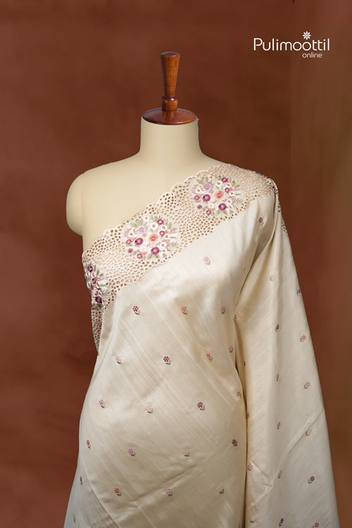 Beige Colour Semi Tussar Saree With Thread Work And Cut Work On Border.