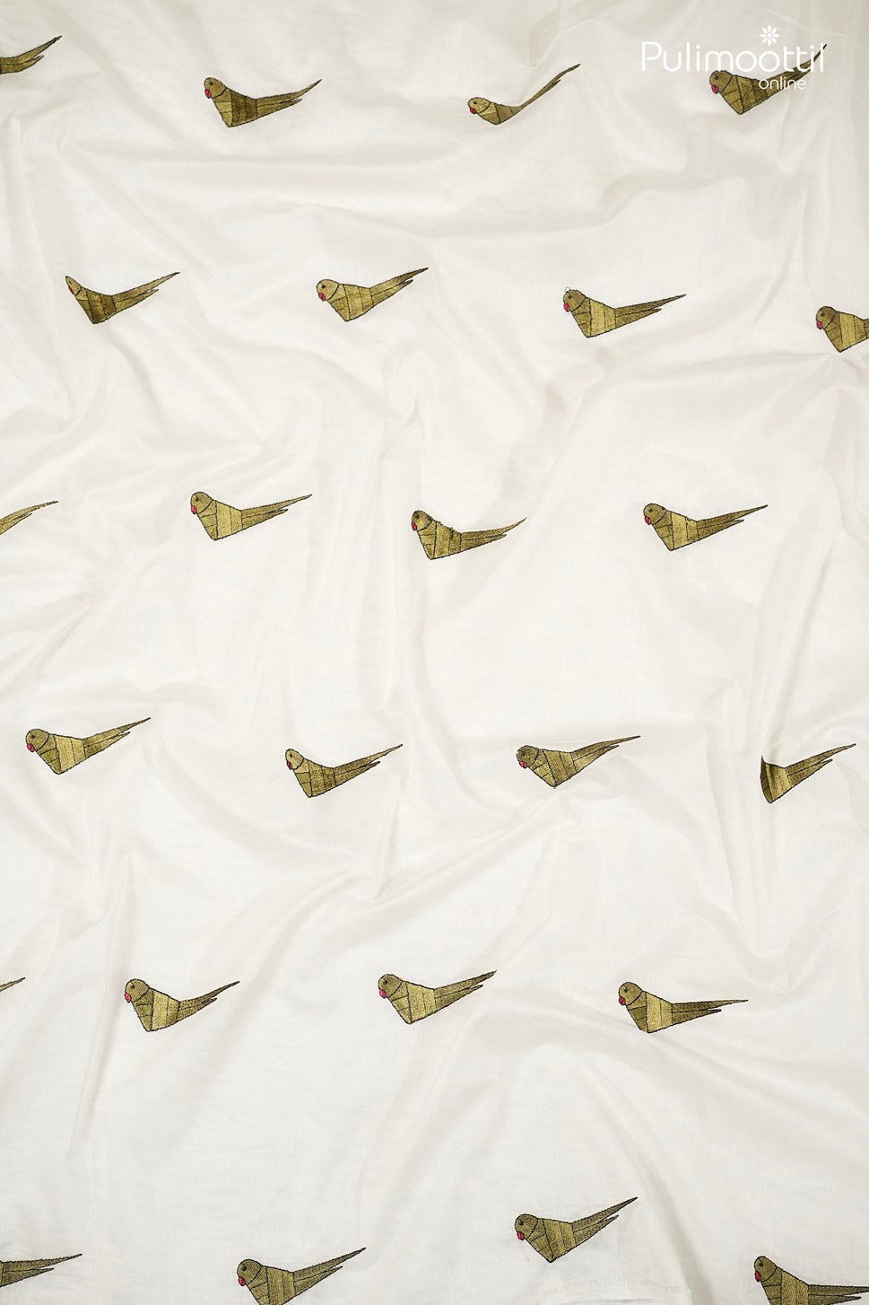 Off-White Chanderi Fabric and Parrot Embroidery Design