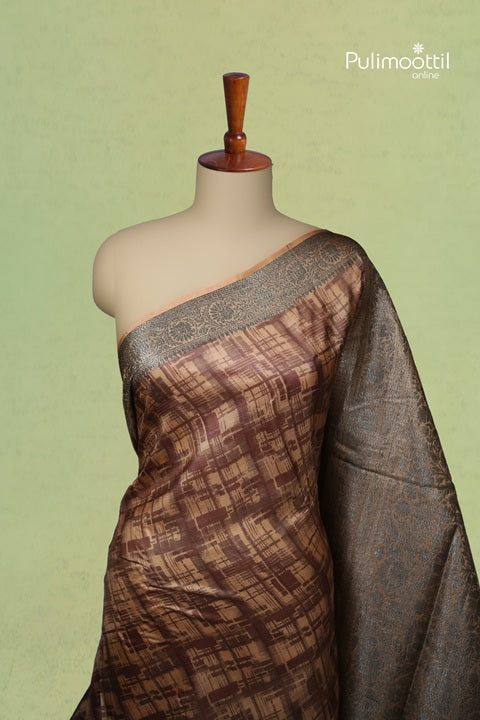Semi Tussar Silk Saree With Stroke Pattern In Earthy Chocolate Brown And Beige Tones.