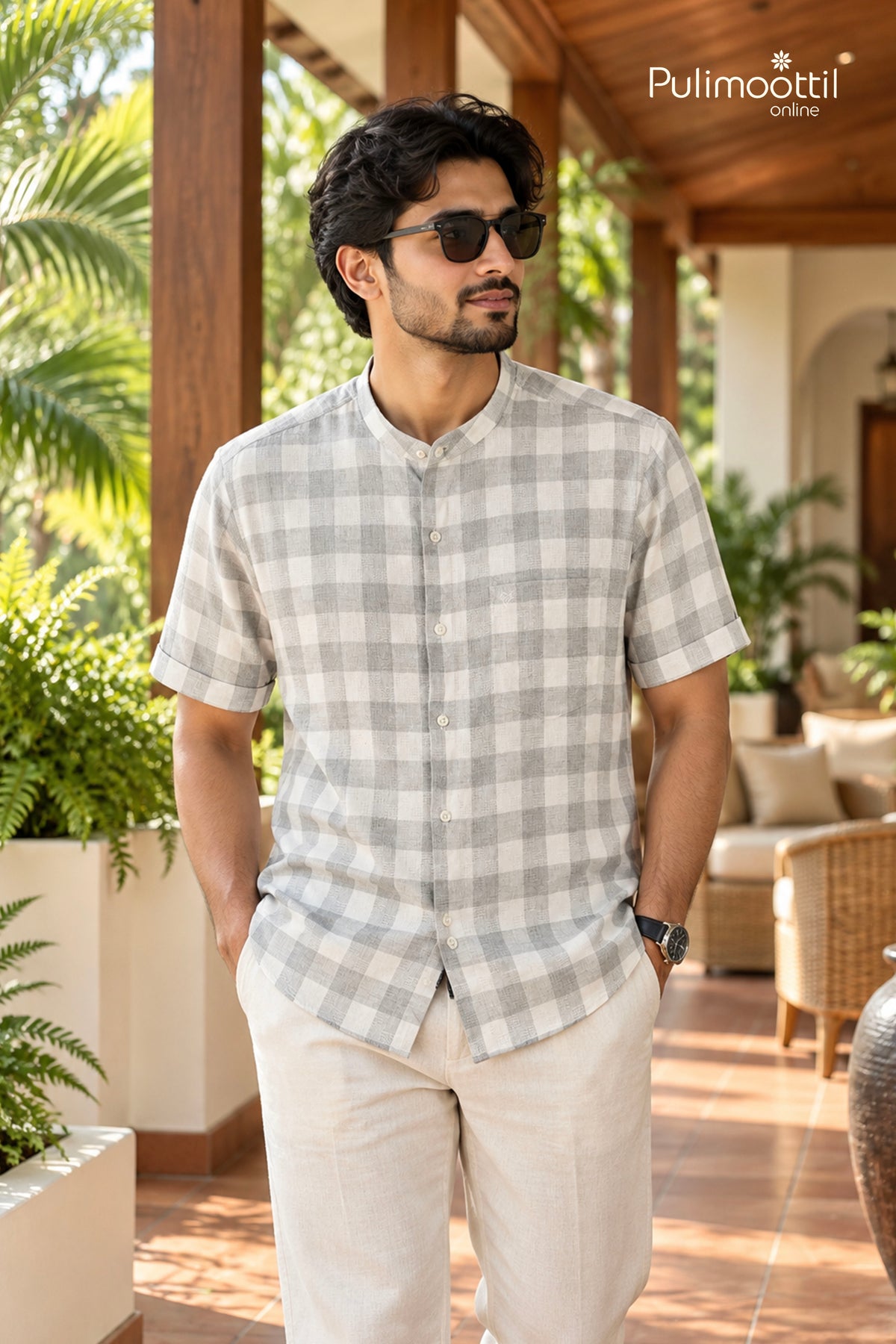 Light Grey & White Color Half Sleeve Mens Shirt