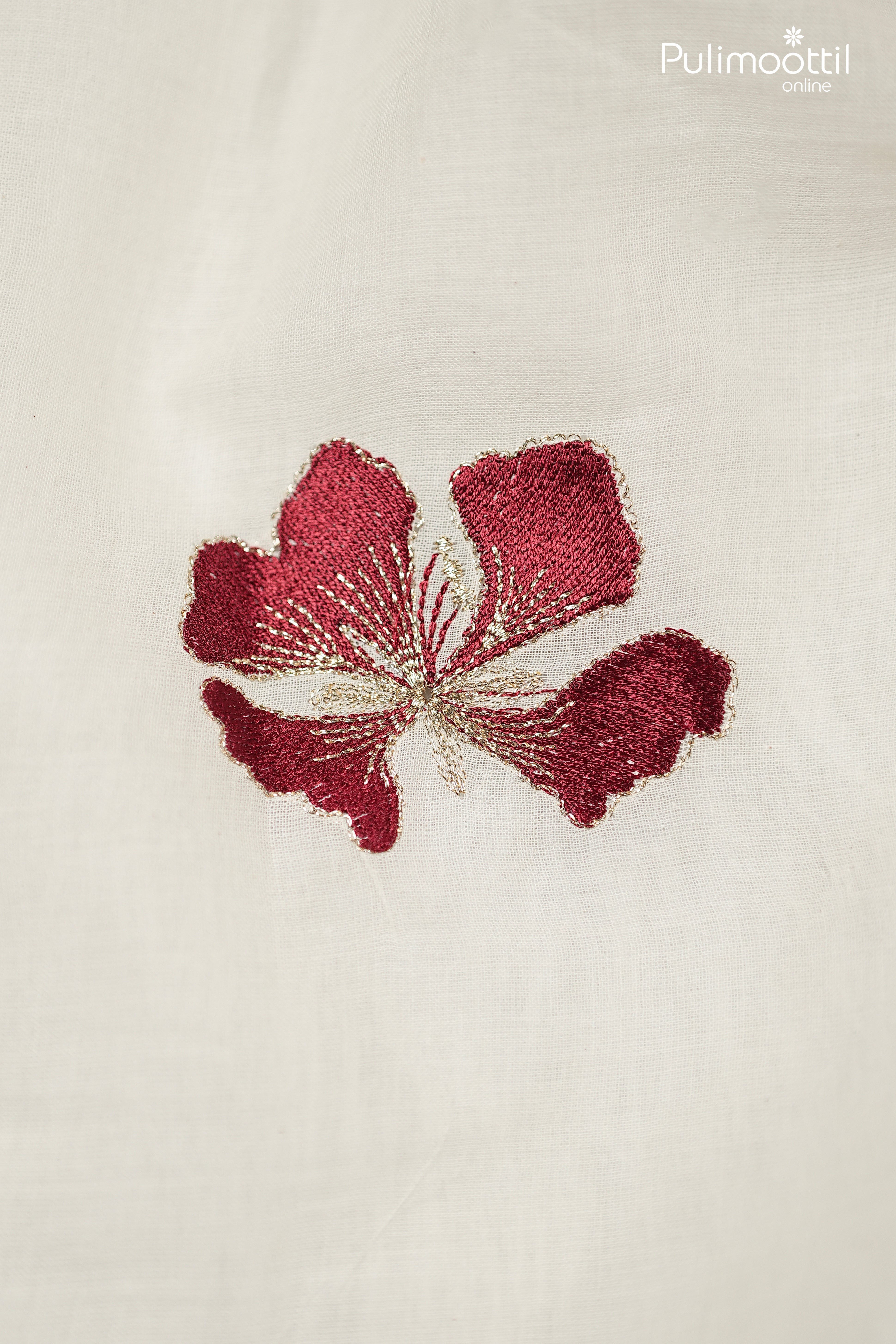 Off-White Color Cotton Fabric With Red Floral Embroidery