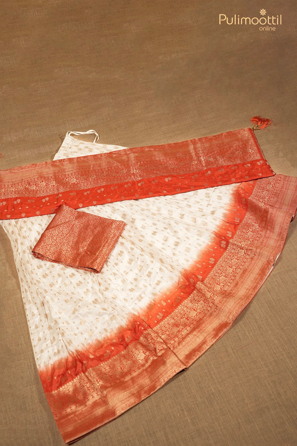 Ready-to-Stitch White Color Semi Silk Banarasi Dhavani Set