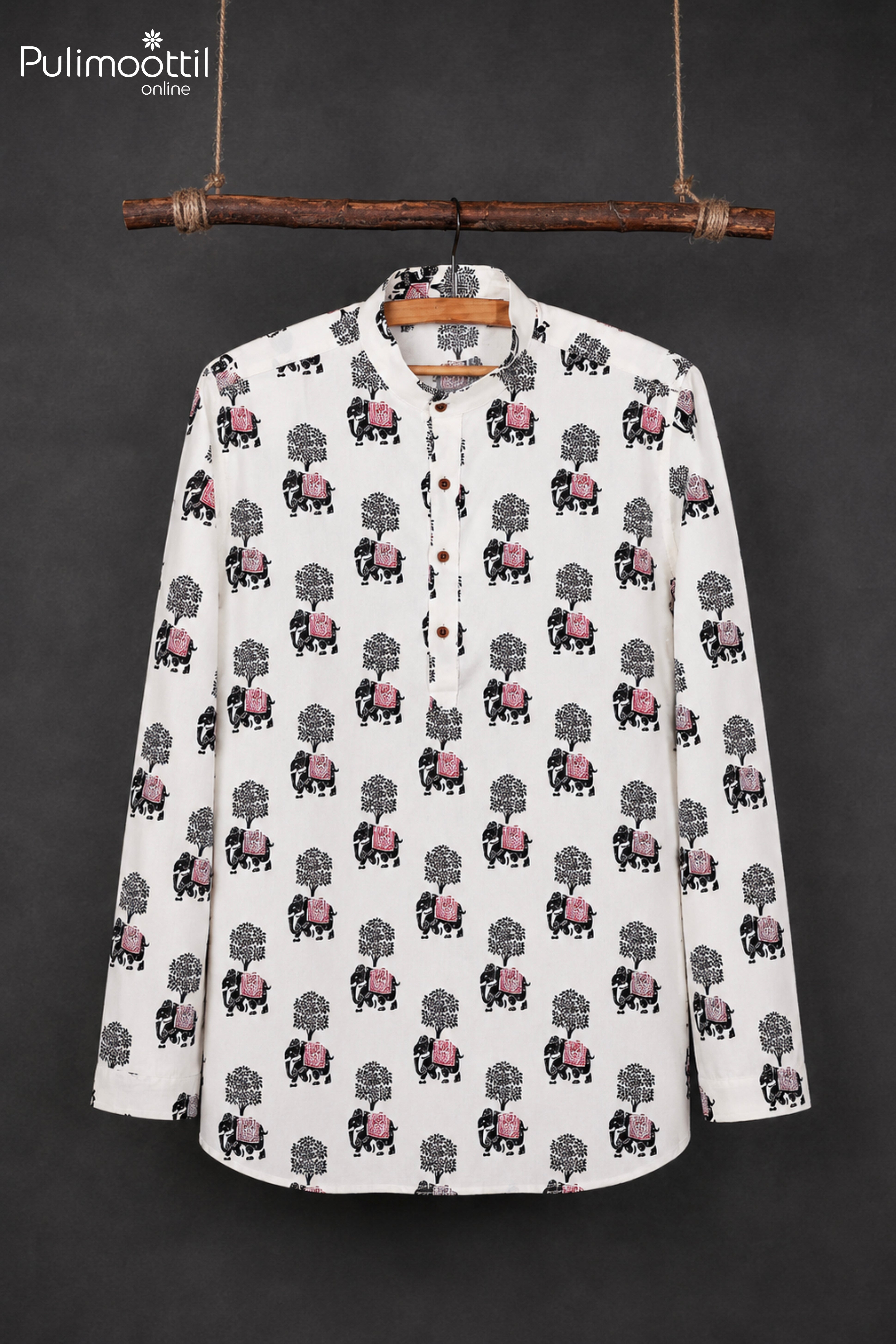 White Color Full Sleeve Mens Kurta With Elephant Motif Print
