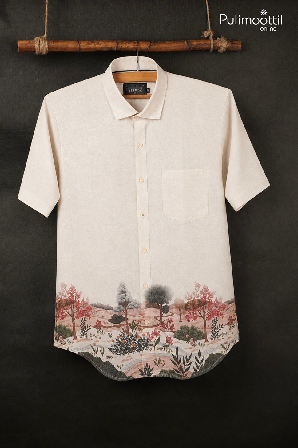 Off White Color Half Sleeve Mens Shirt With landscape Print