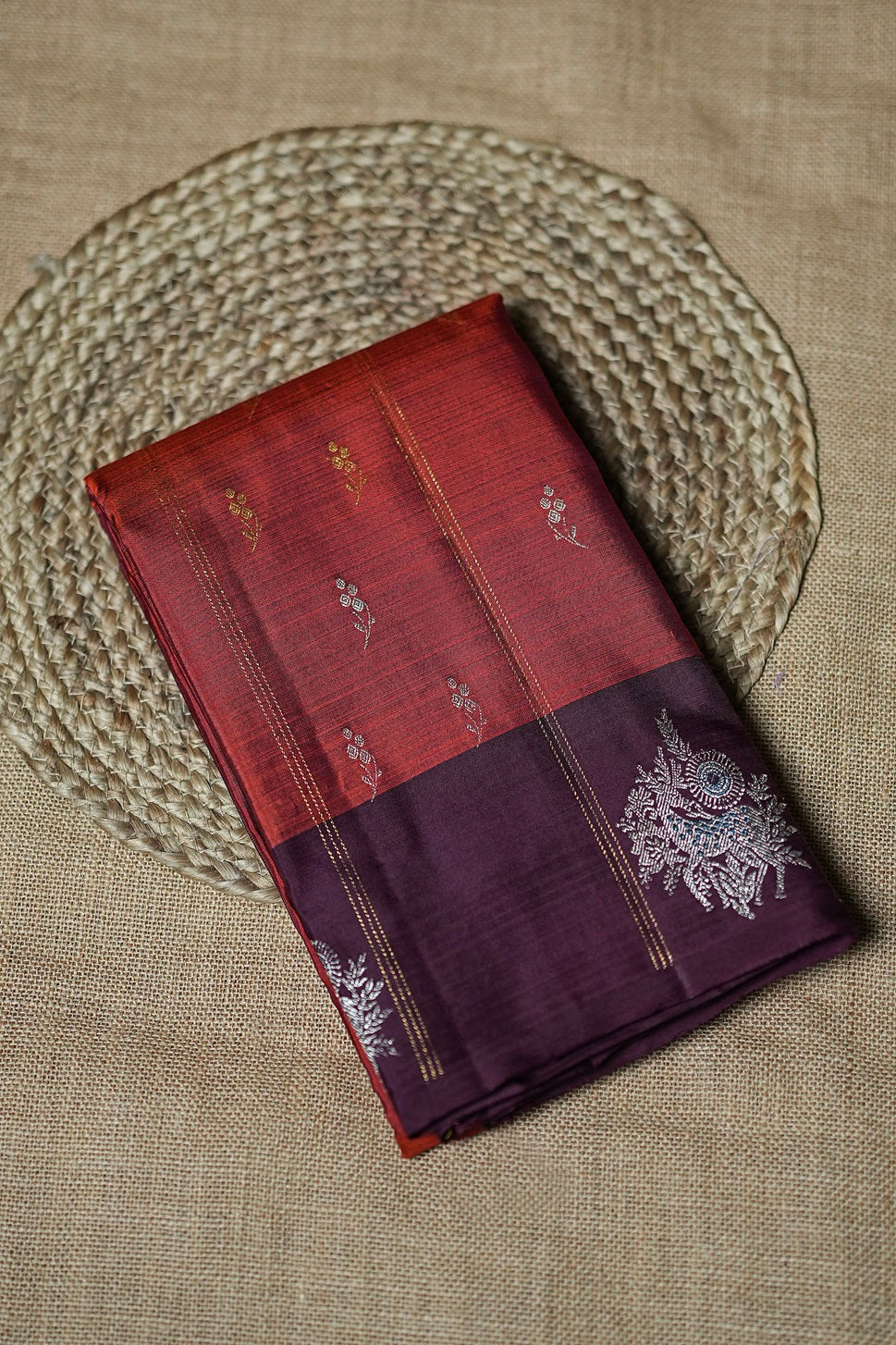 Brick Red Colour Kanchipuram Designer Saree