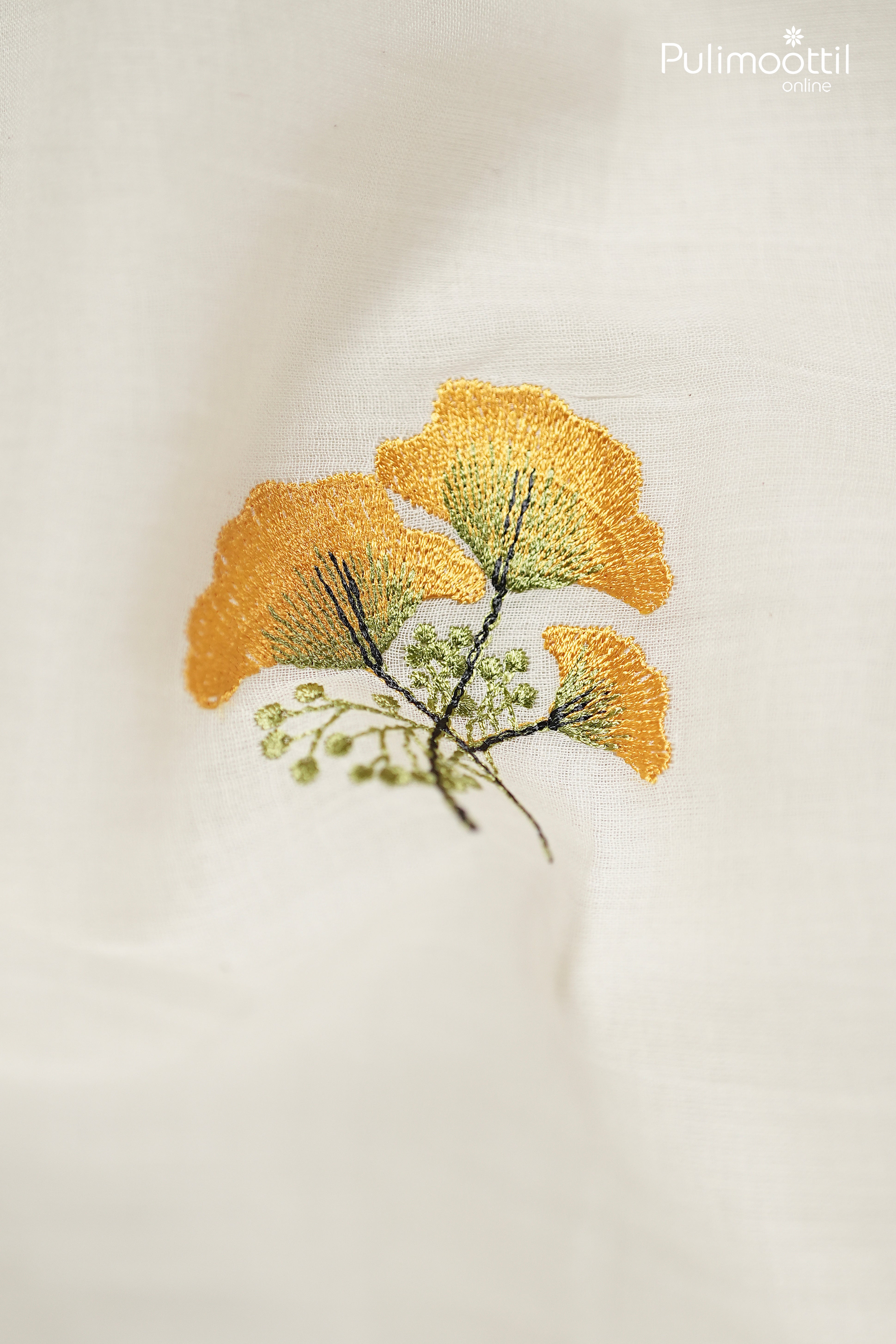 Off-White Color Semi Chanderi Fabric With Yellow Floral Embroidery