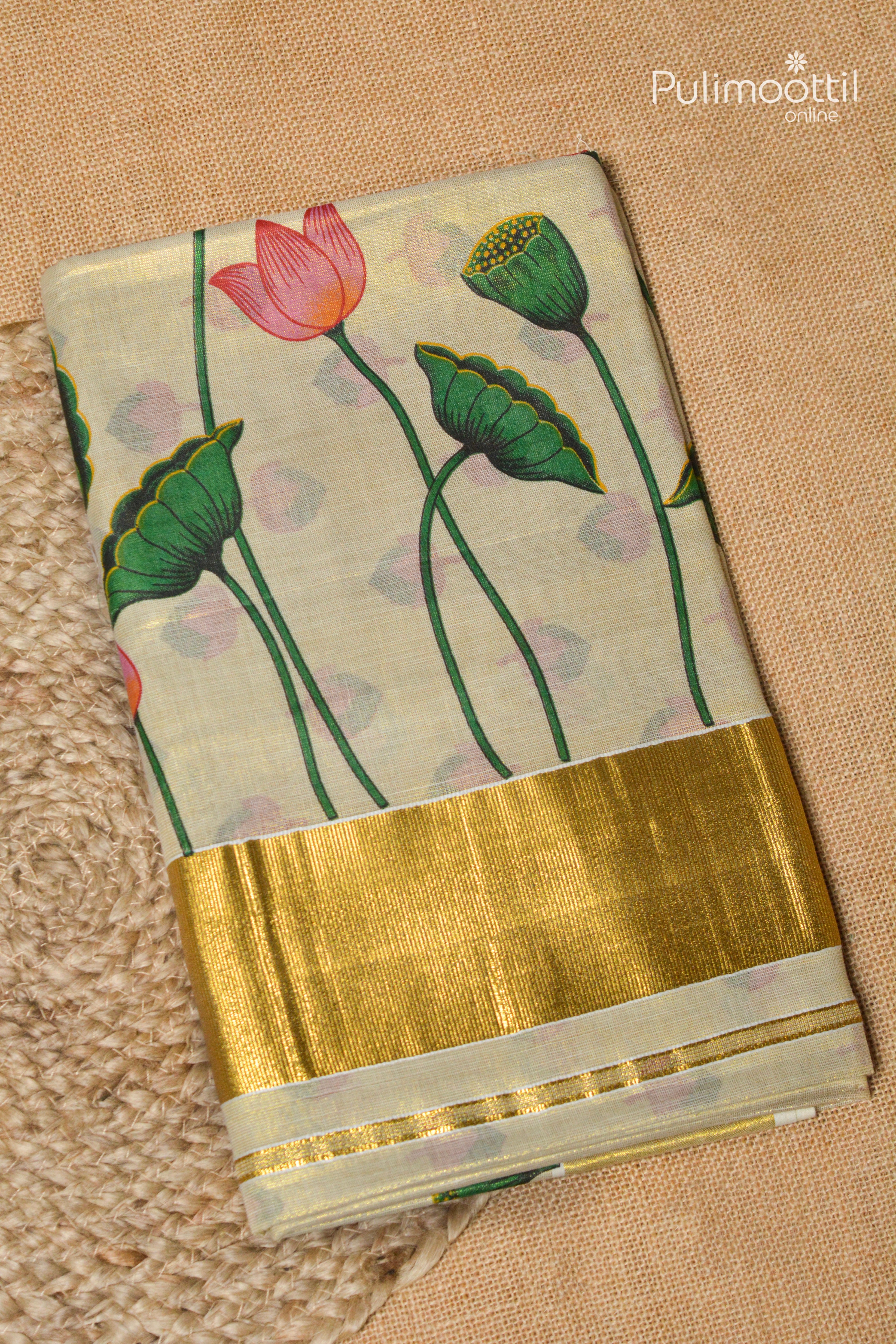 Kerala Traditional Golden Tissue Lotus Printed Set Saree