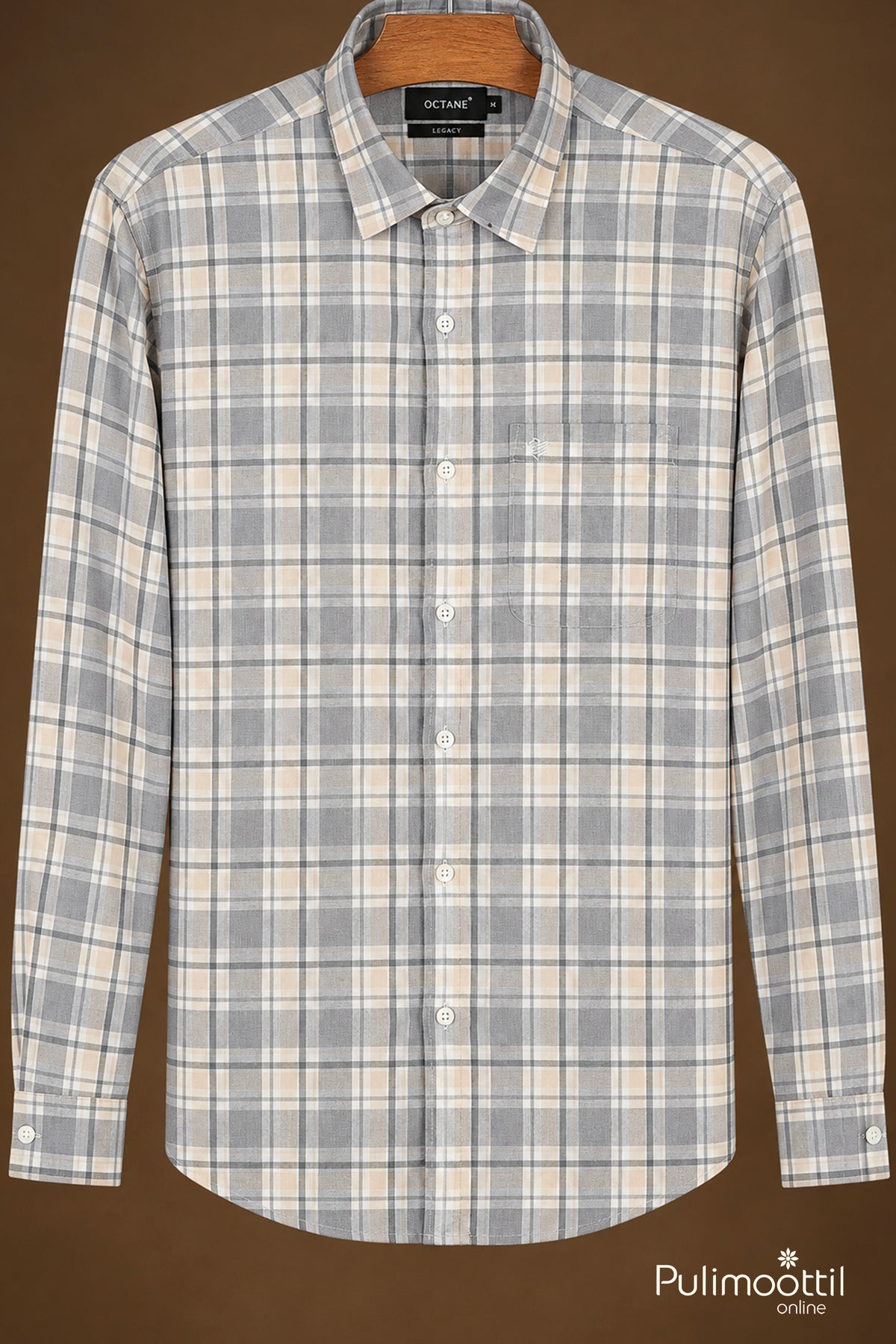 Grey, Beige and White Plaid Check Shirt Full Sleeve Mens Shirt
