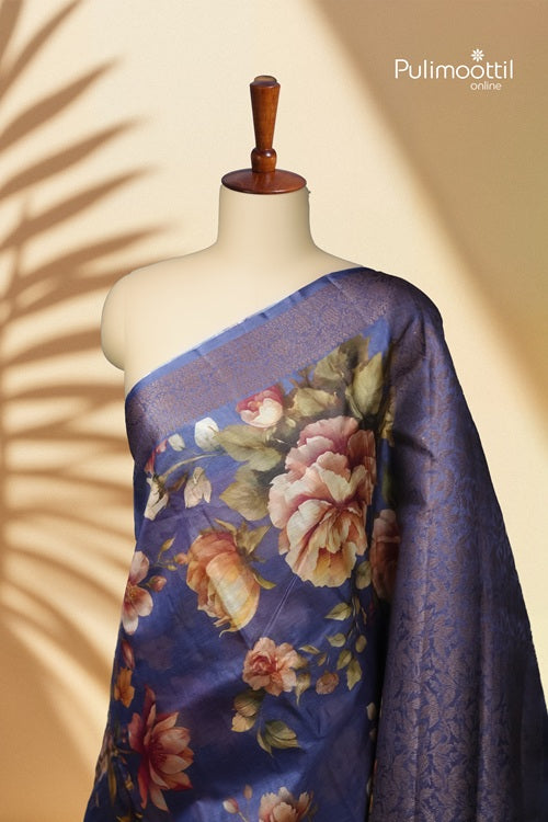 Lavender Floral Semi Silk Saree With A Full-Cover Floral And Leaf Vine Weave.