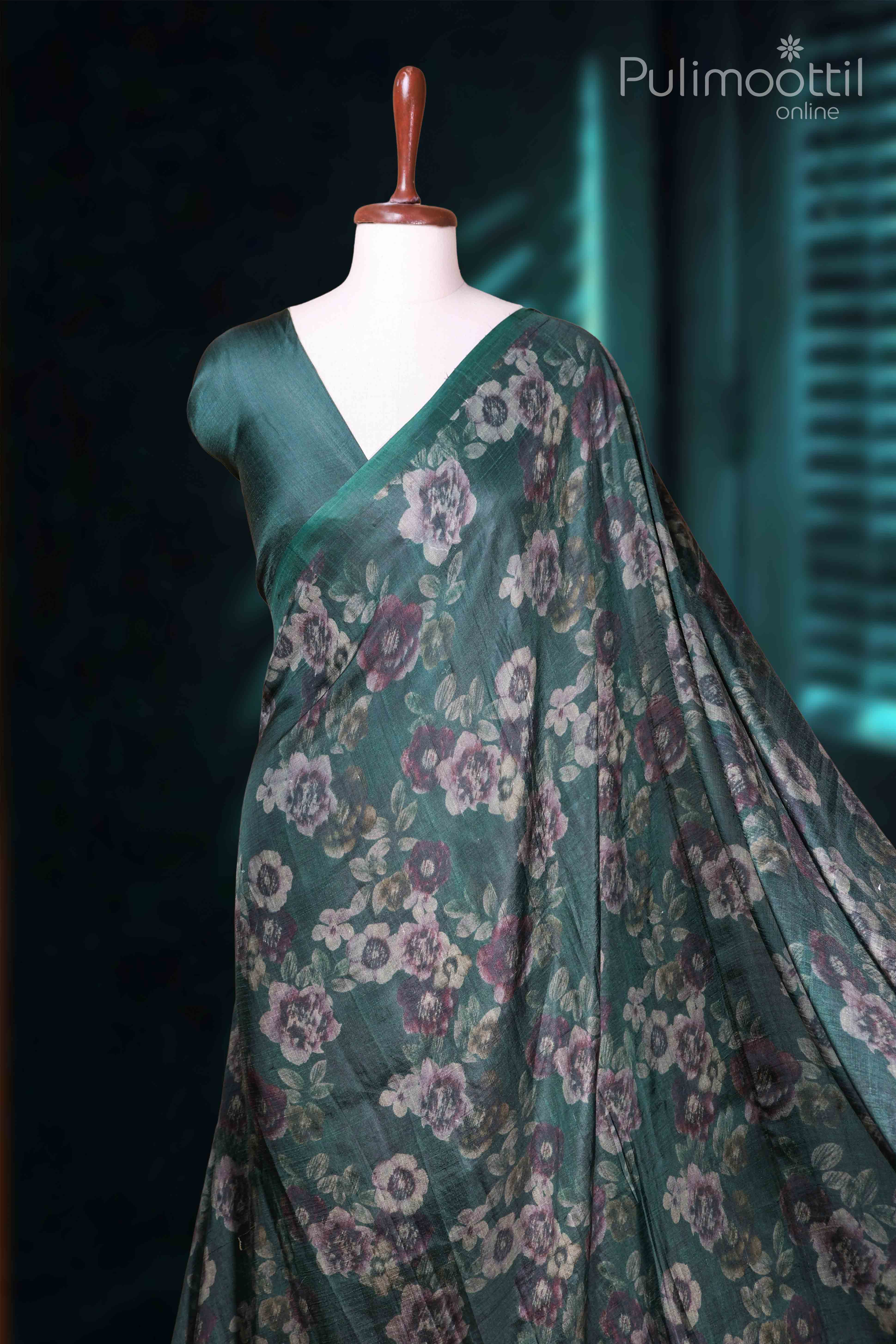 Dark Green Colour Soft Printed Tassels Silk Saree