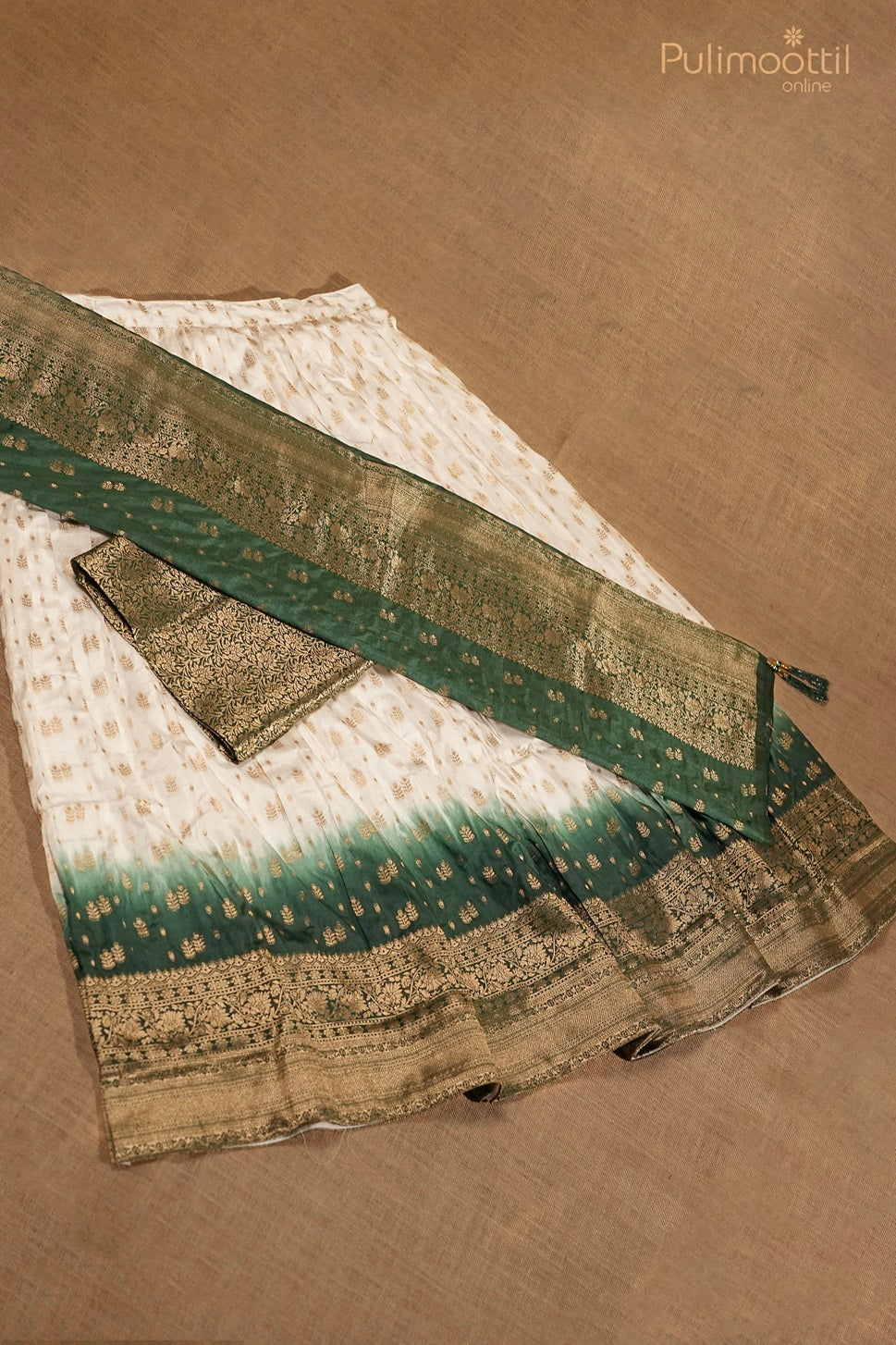 Ready-to-Stitch White Color Semi Silk Banarasi Dhavani Set