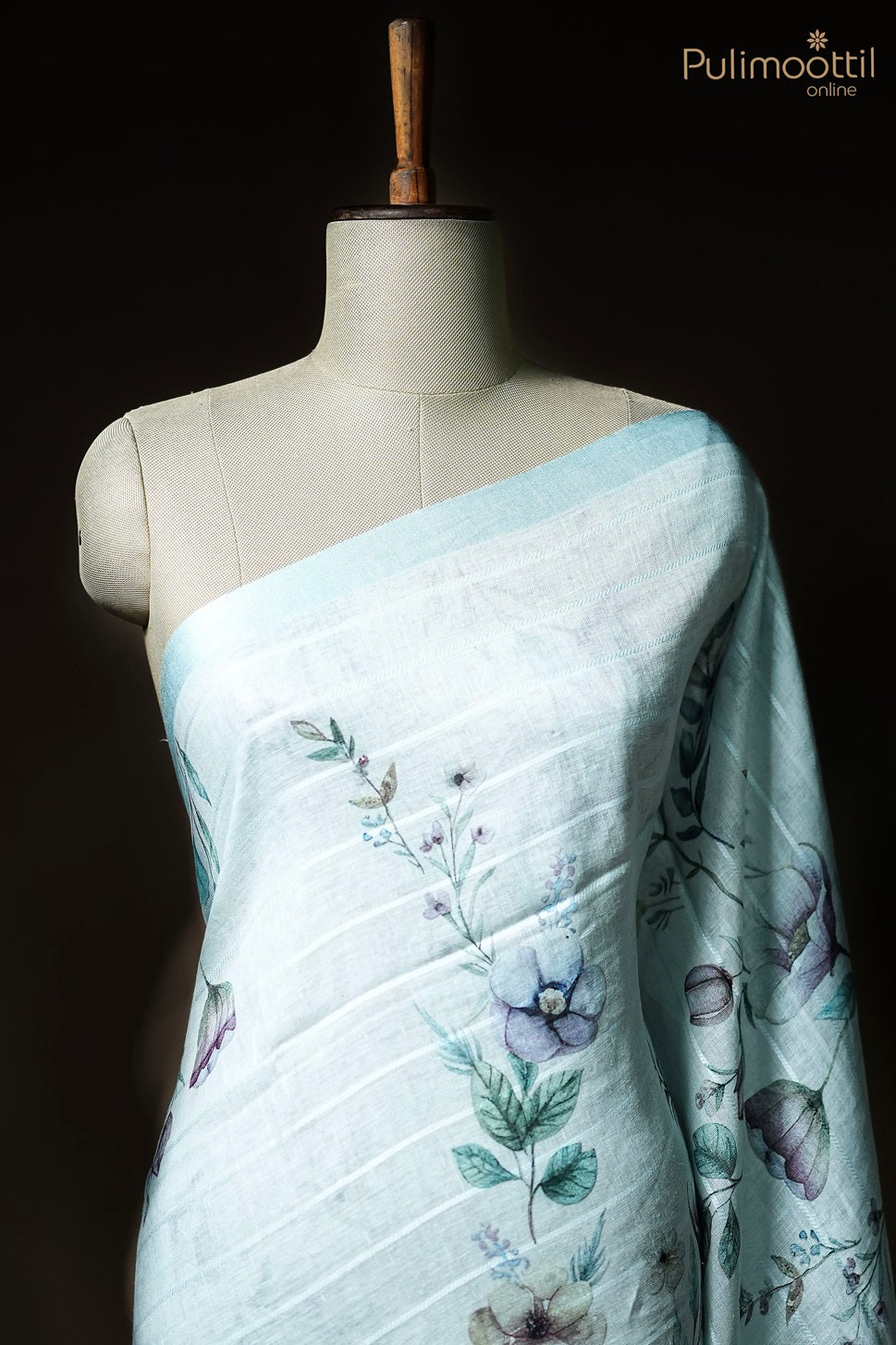 Light Blue Colour Printed Linen Saree