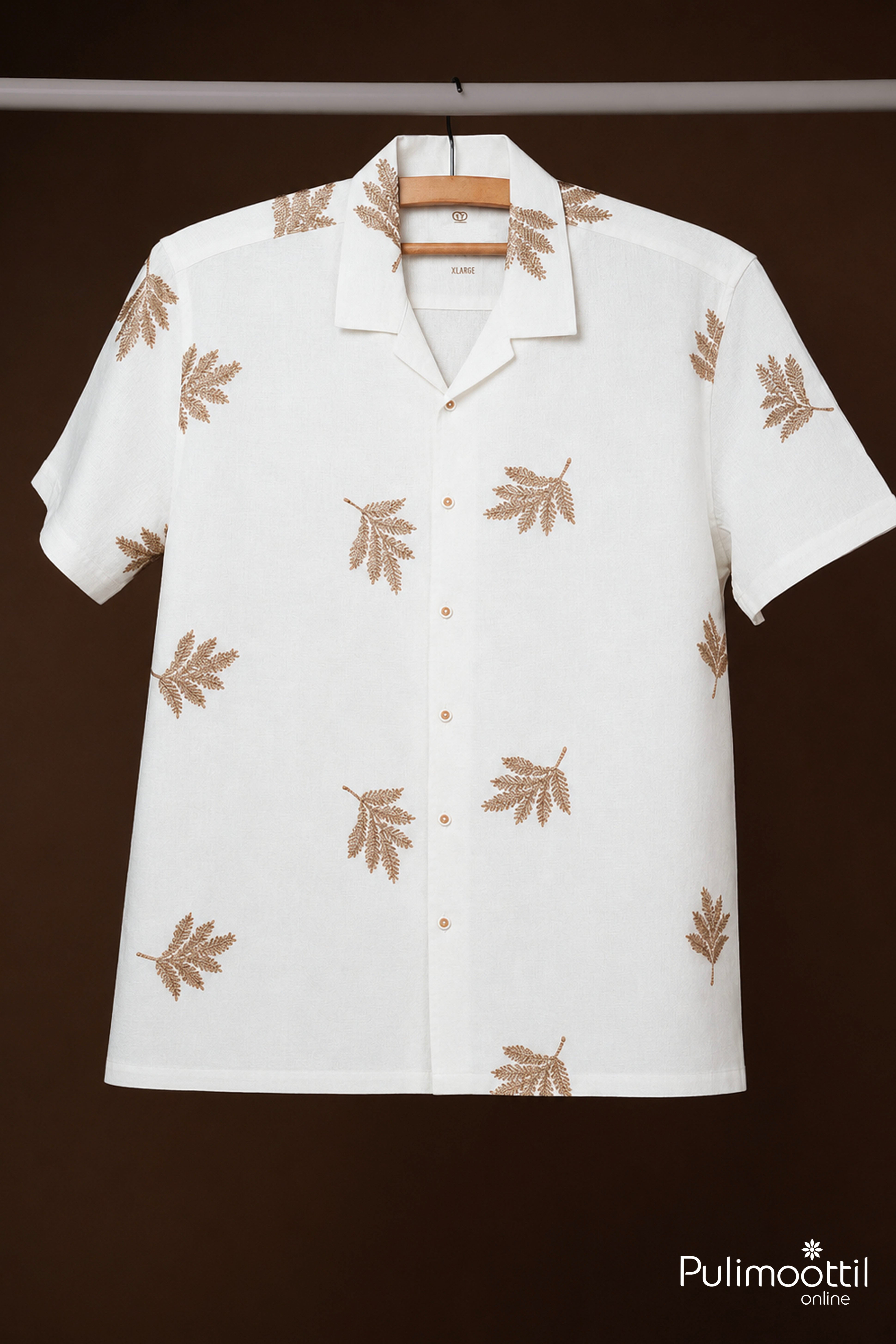 White Color Half Sleeve Mens Shirt With Embroidered Leaf Motif