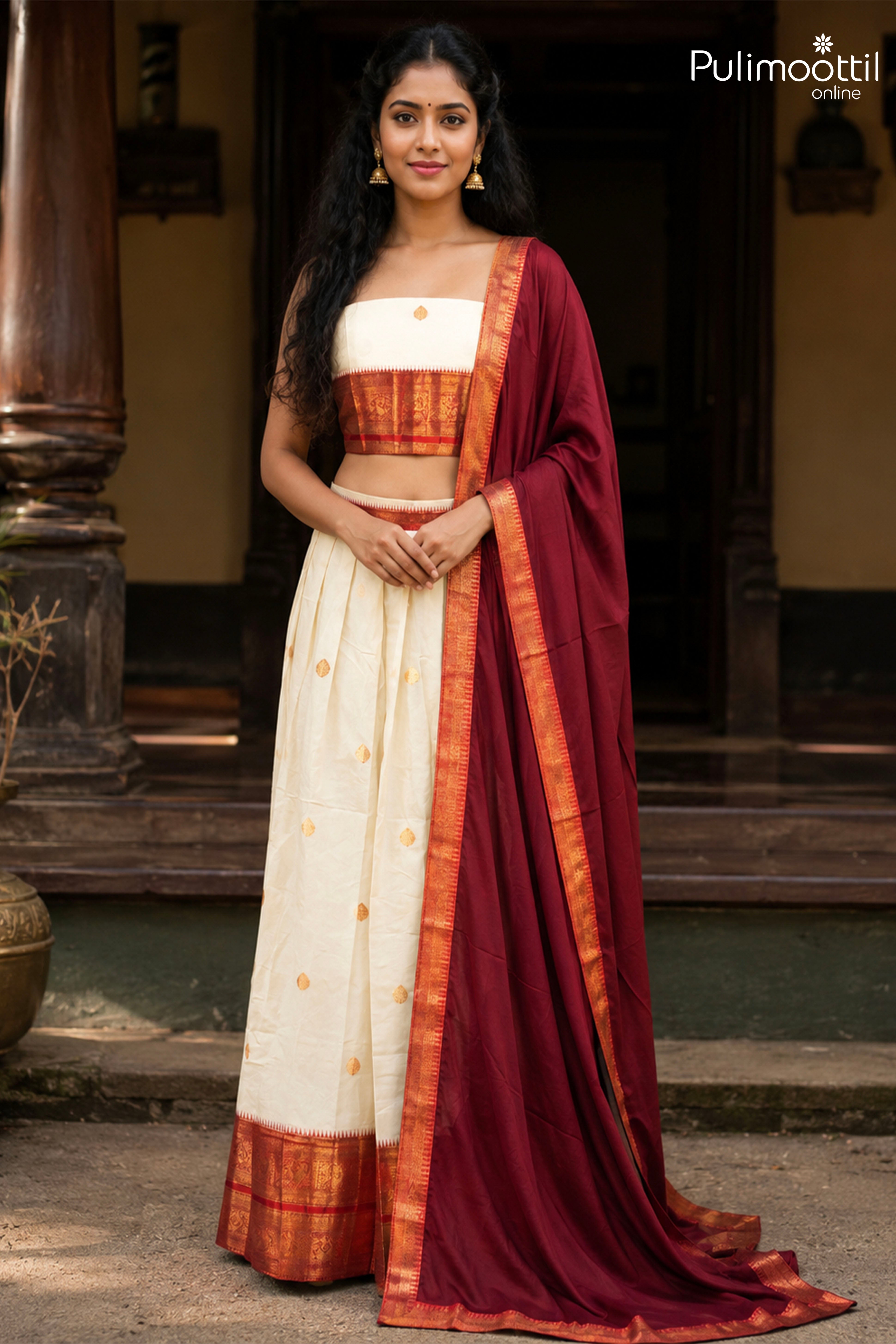 Off White Color Onam Special Kerala Traditional Dhavani Set
