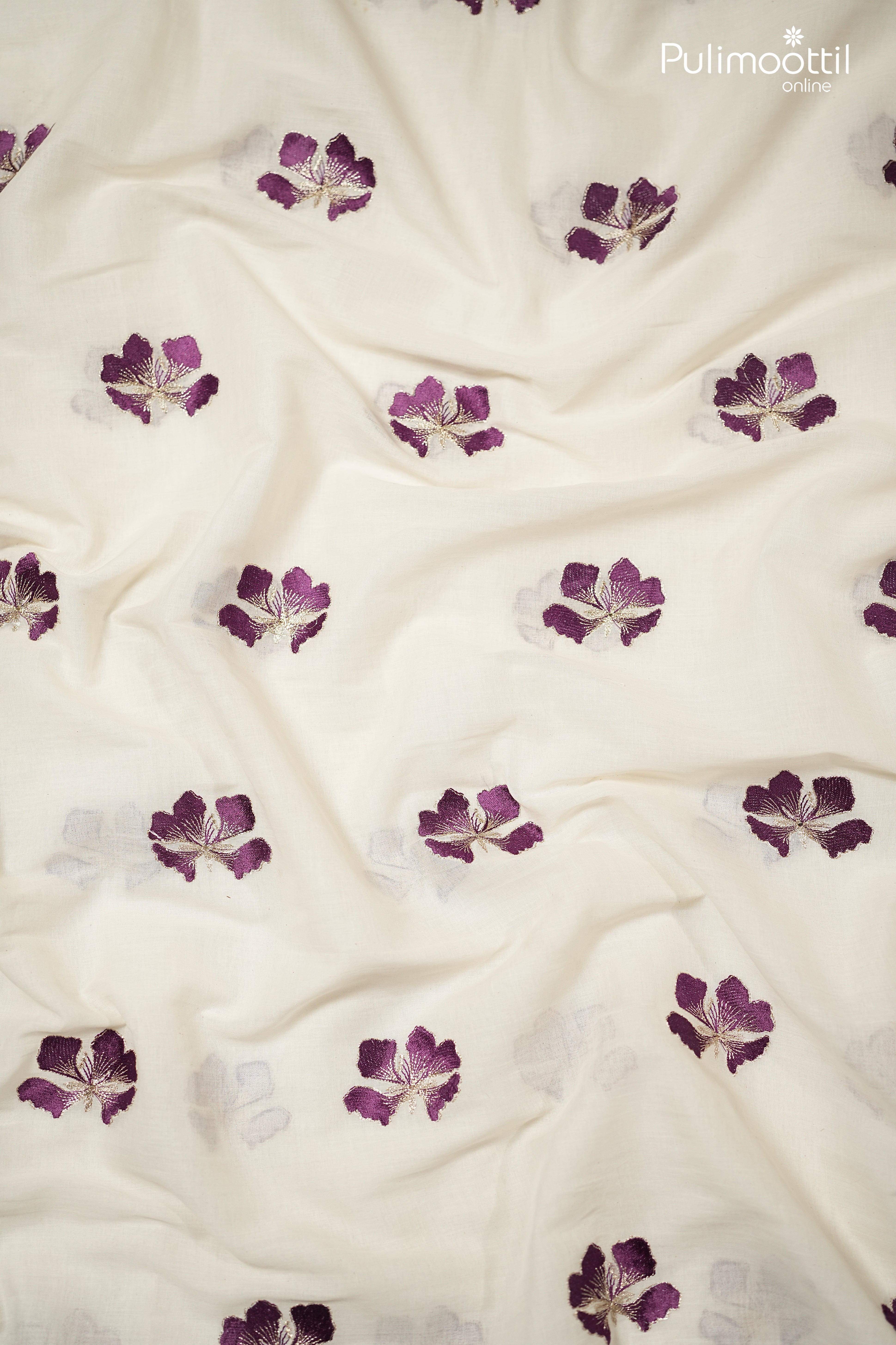 Off-White Color Cotton Fabric With Purple Floral Embroidery