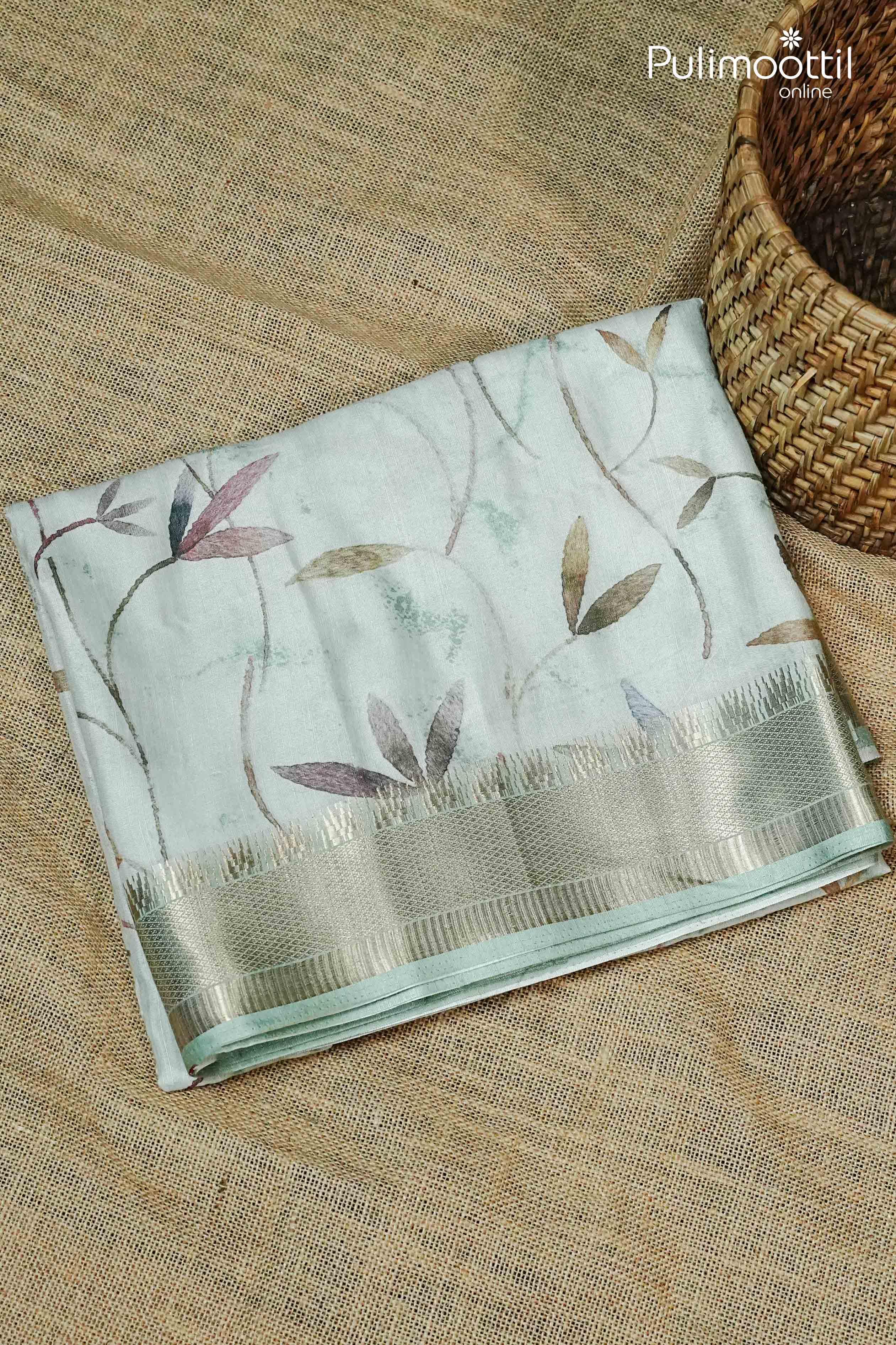 Pastel Green Colour Printed Semi Chanderi Saree