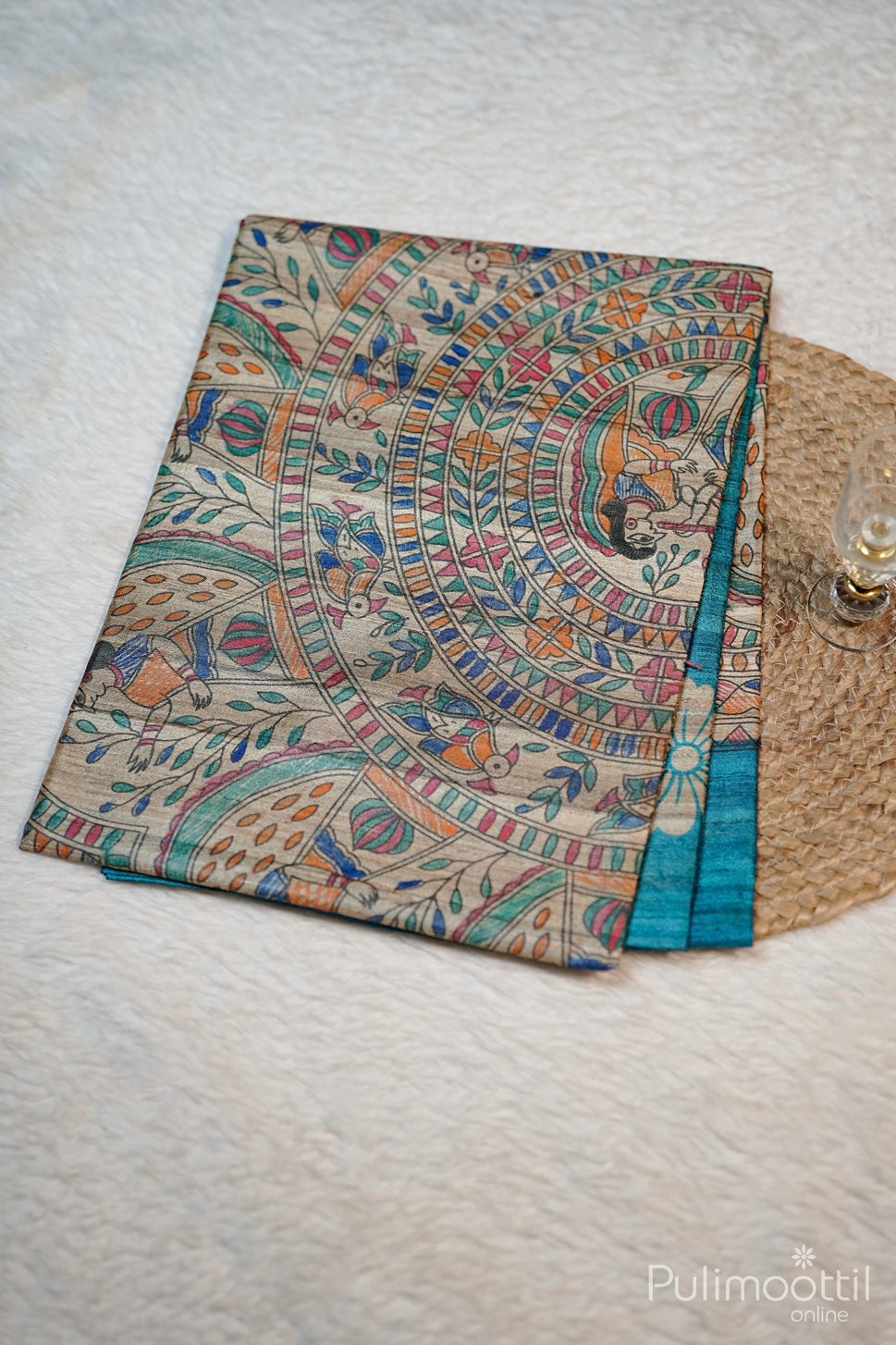 Dark Sky Blue Colour Madhubani Printed Saree.