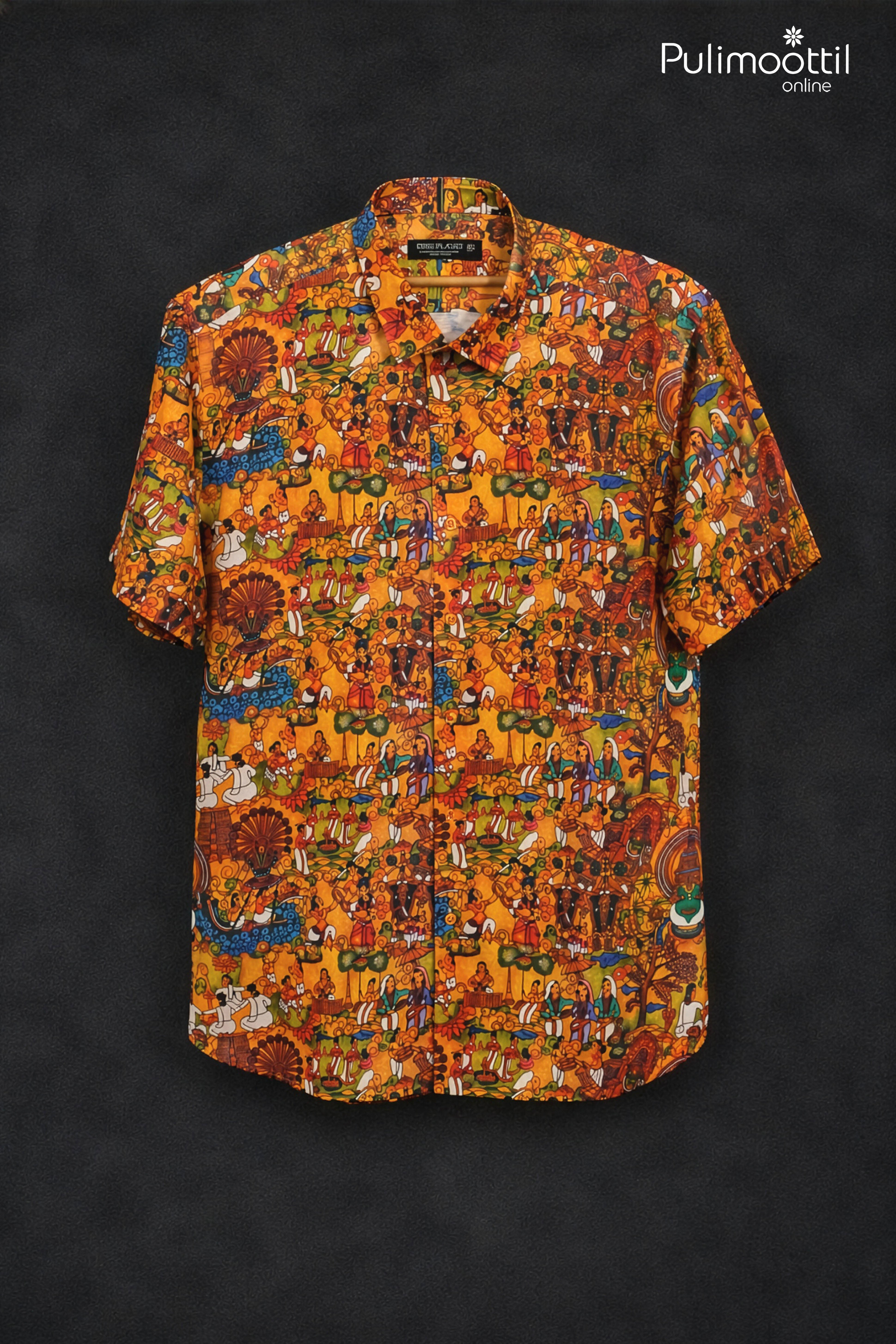 Orange Half Sleeve Mens Shirt With Vibrant Kerala Heritage Narrative Print