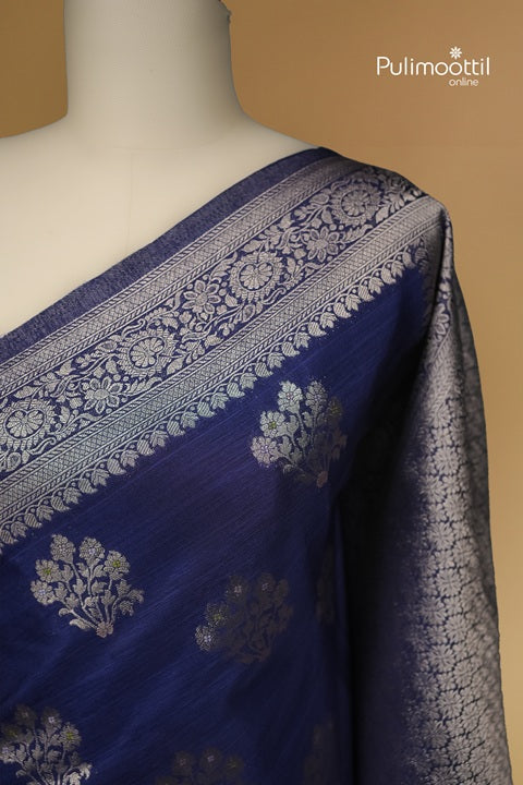 Navy Blue Semi Jute Saree With Zari Butta Work.