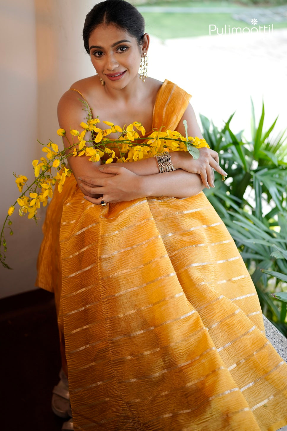 Mustard Yellow Colour Crushed Organza Fancy Saree