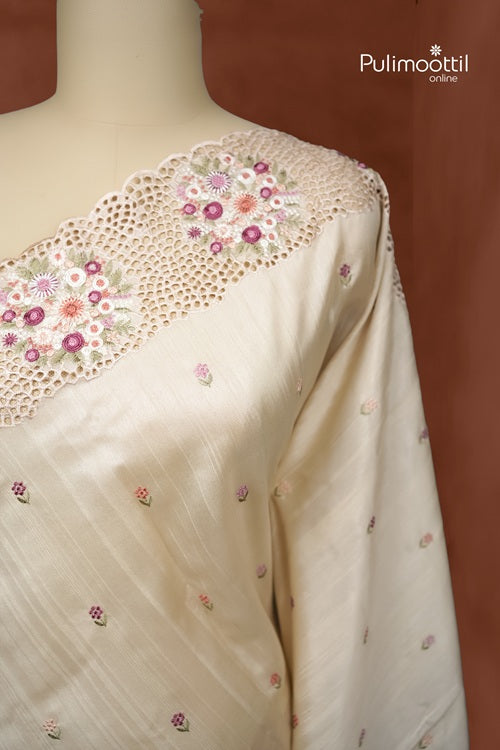 Beige Colour Semi Tussar Saree With Thread Work And Cut Work On Border.