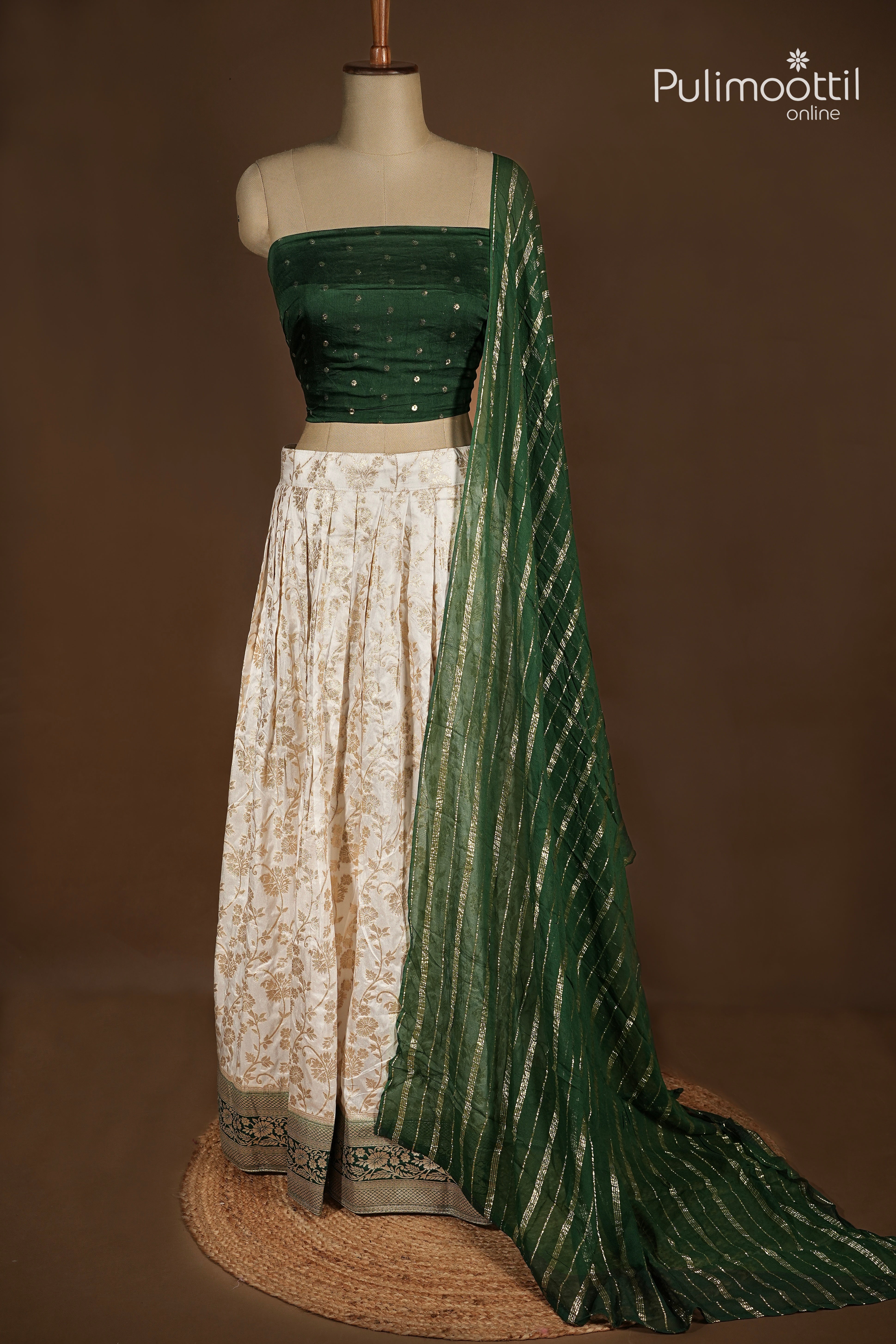 Ready-to-Stitch white Banarasi Dhavani Set