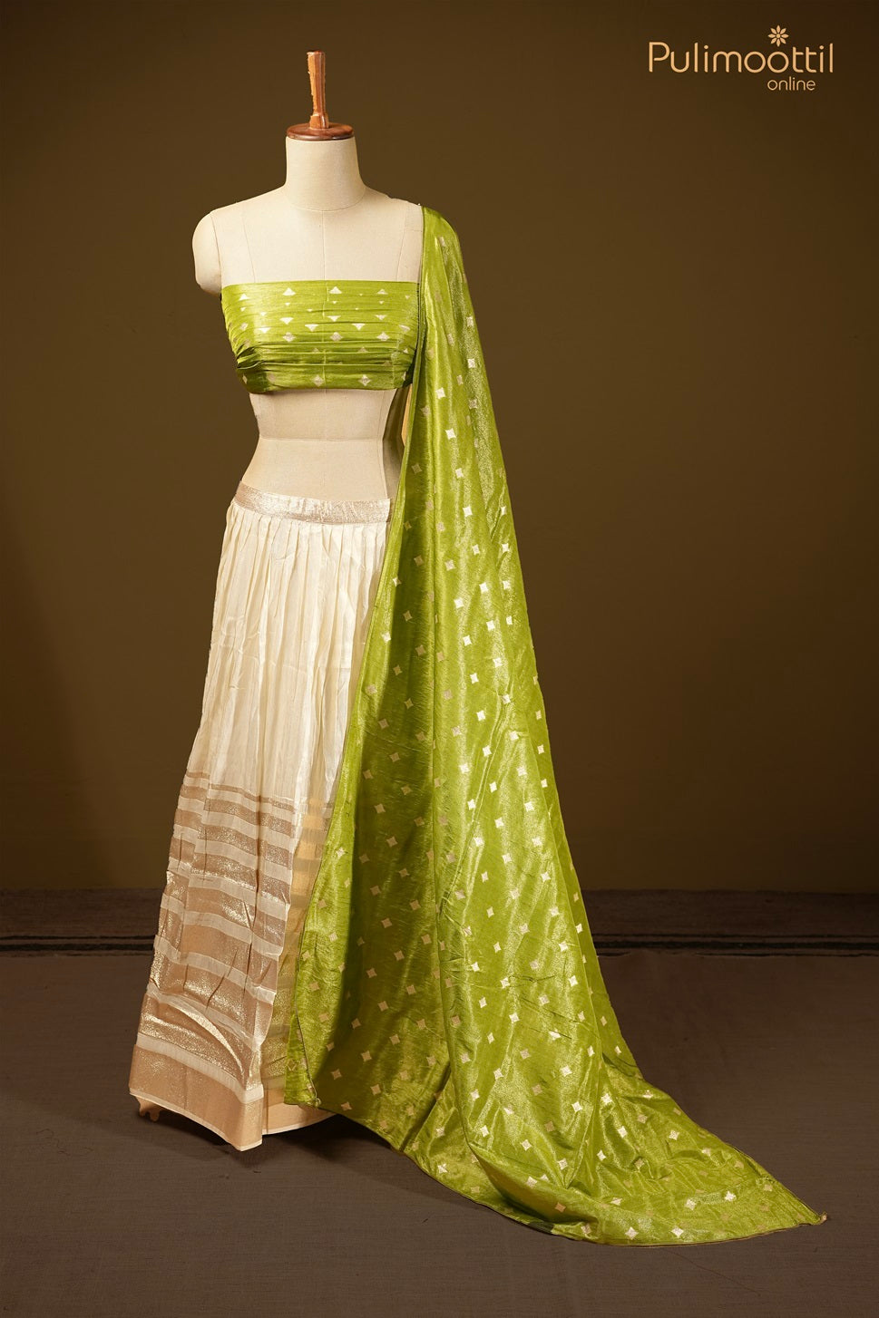 Ready-to-Stitch Off White Color Golden Tissue Dhavani Set