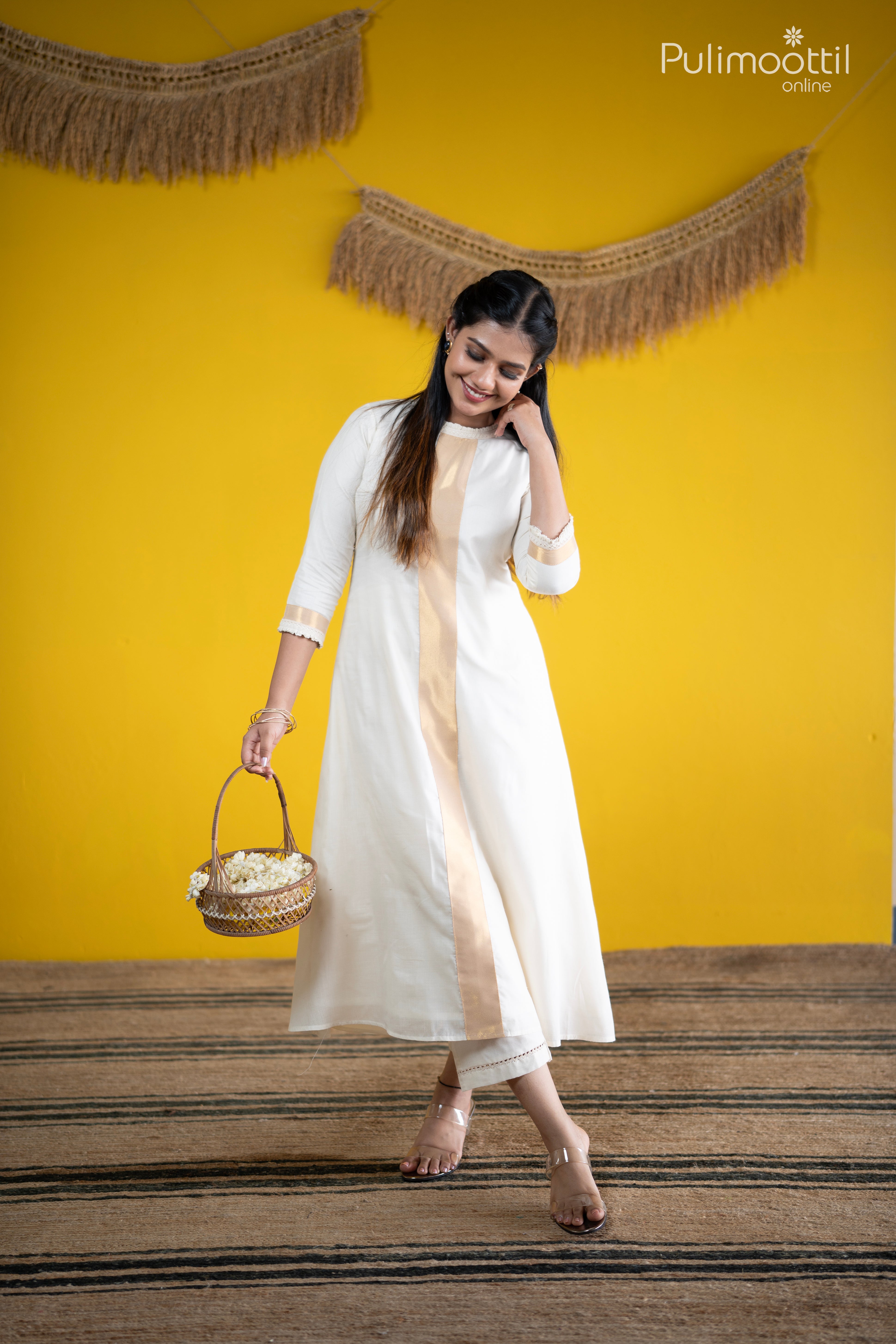 Off White Cotton A Line Kurthi Set