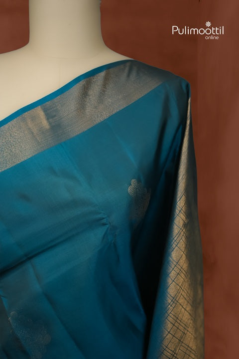 Peacock Blue Kanchipuram Semi Silk Saree.