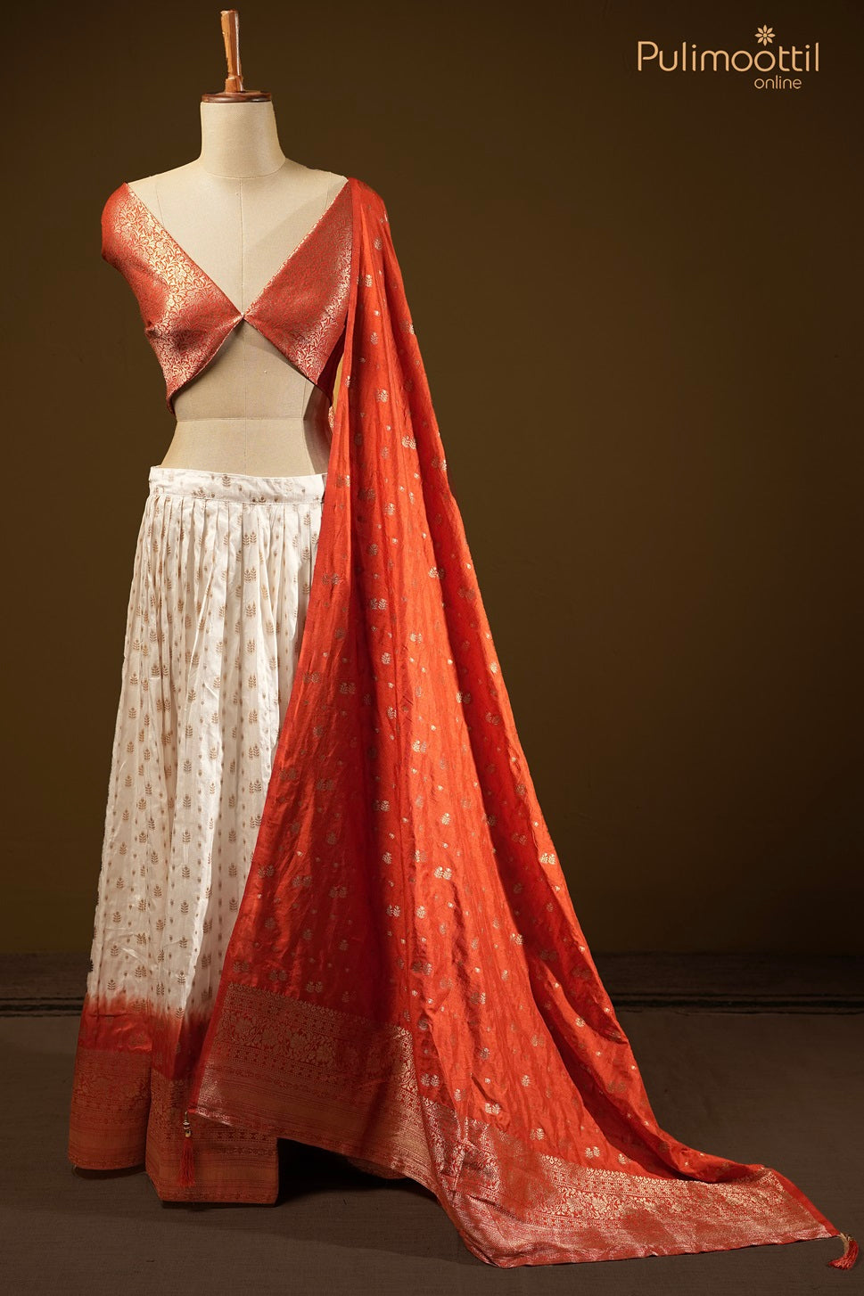 Ready-to-Stitch White Color Semi Silk Banarasi Dhavani Set