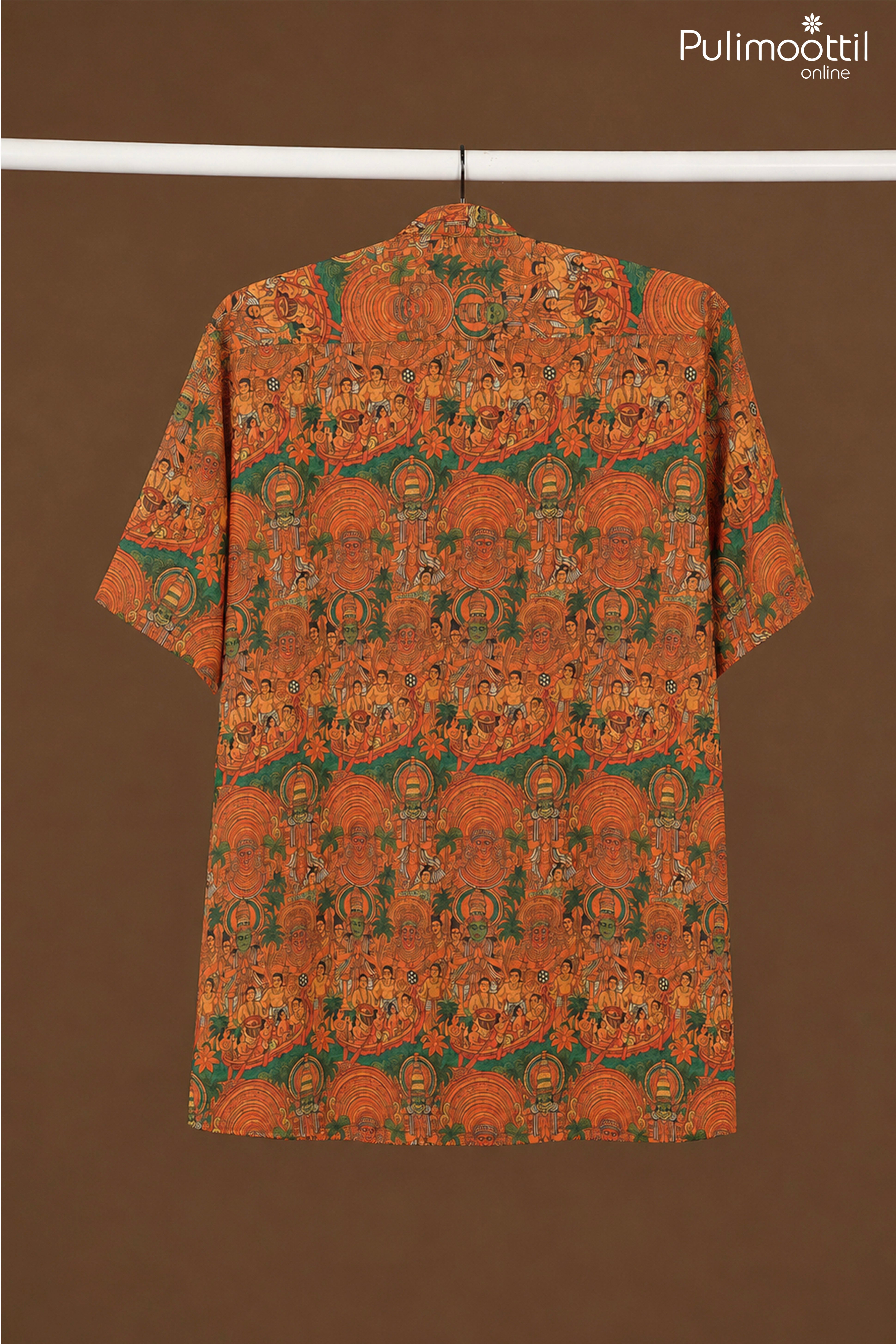 Orange Half Sleeve Mens Shirt With Kerala Mural Art Print